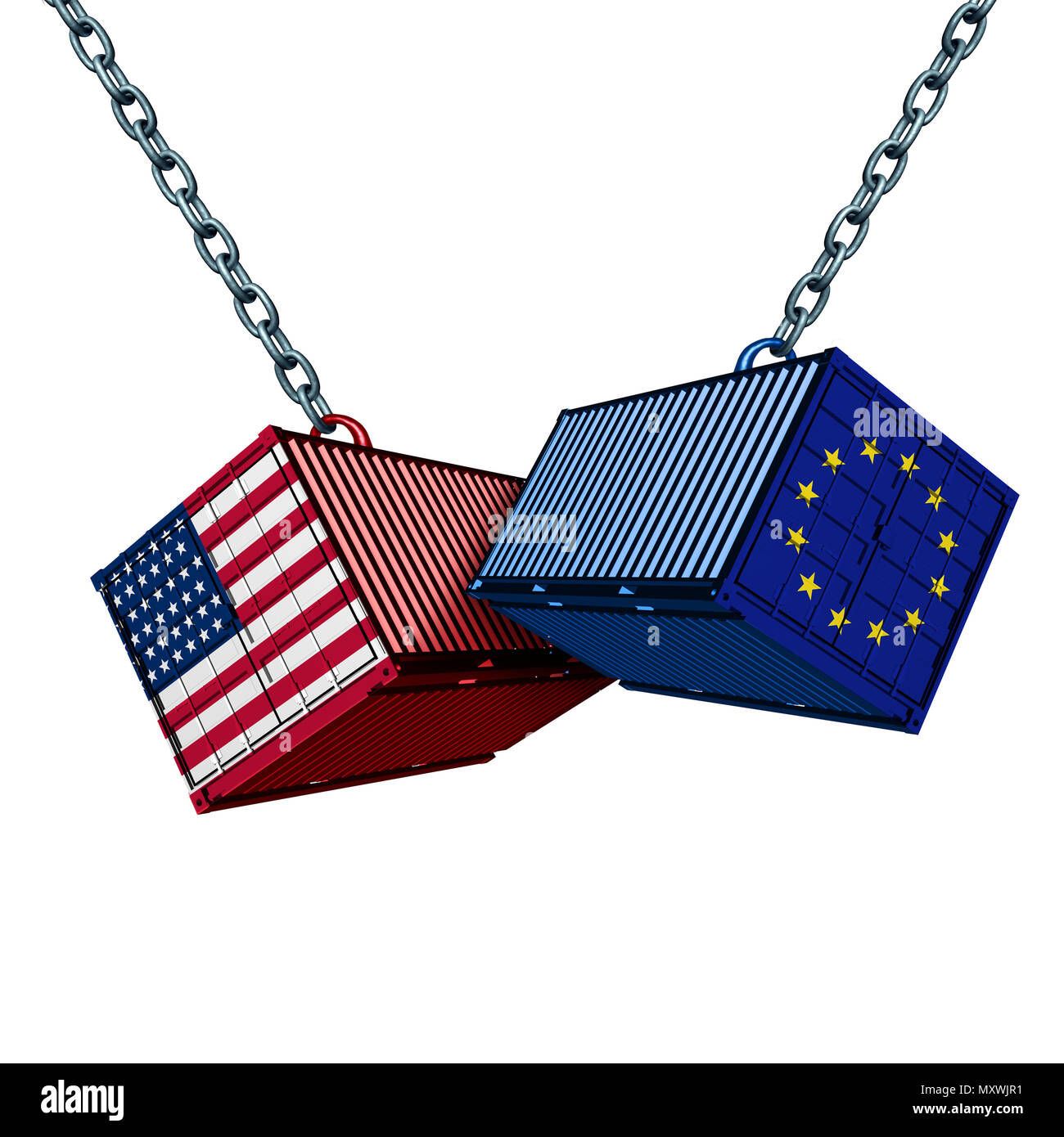 European American trade war and Europe USA tariff dispute as two opposing cargo freight containers as a Euro economic conflict over import exports. Stock Photo