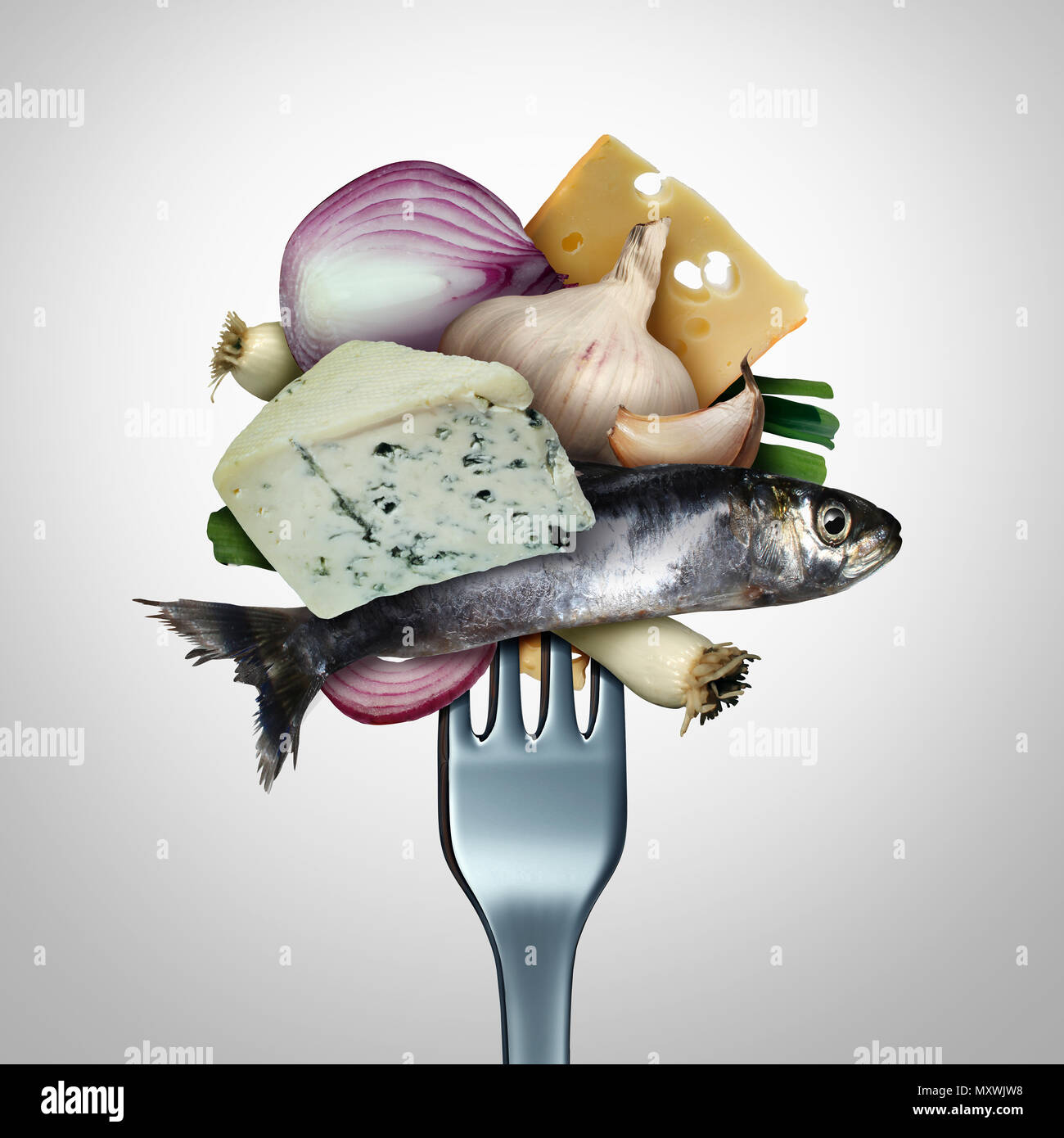 Smelly food and eating stinky pungent ingredients as garlic onion fish and cheese on a fork with 3D illustration elements. Stock Photo