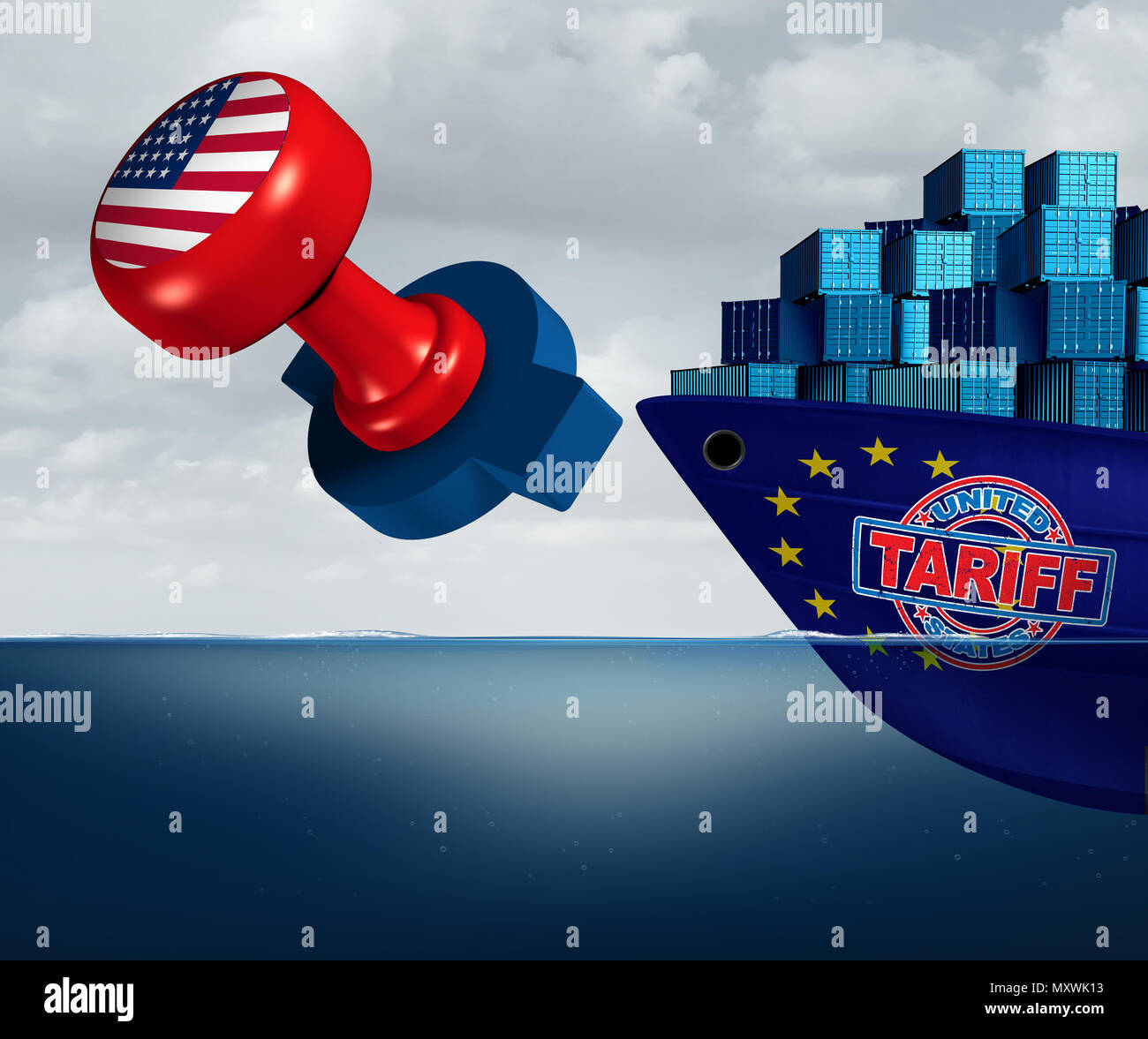 United States tariffs on Europe as protectionist trade and American tariff stamp imposed on european union goods as an economic taxation. Stock Photo