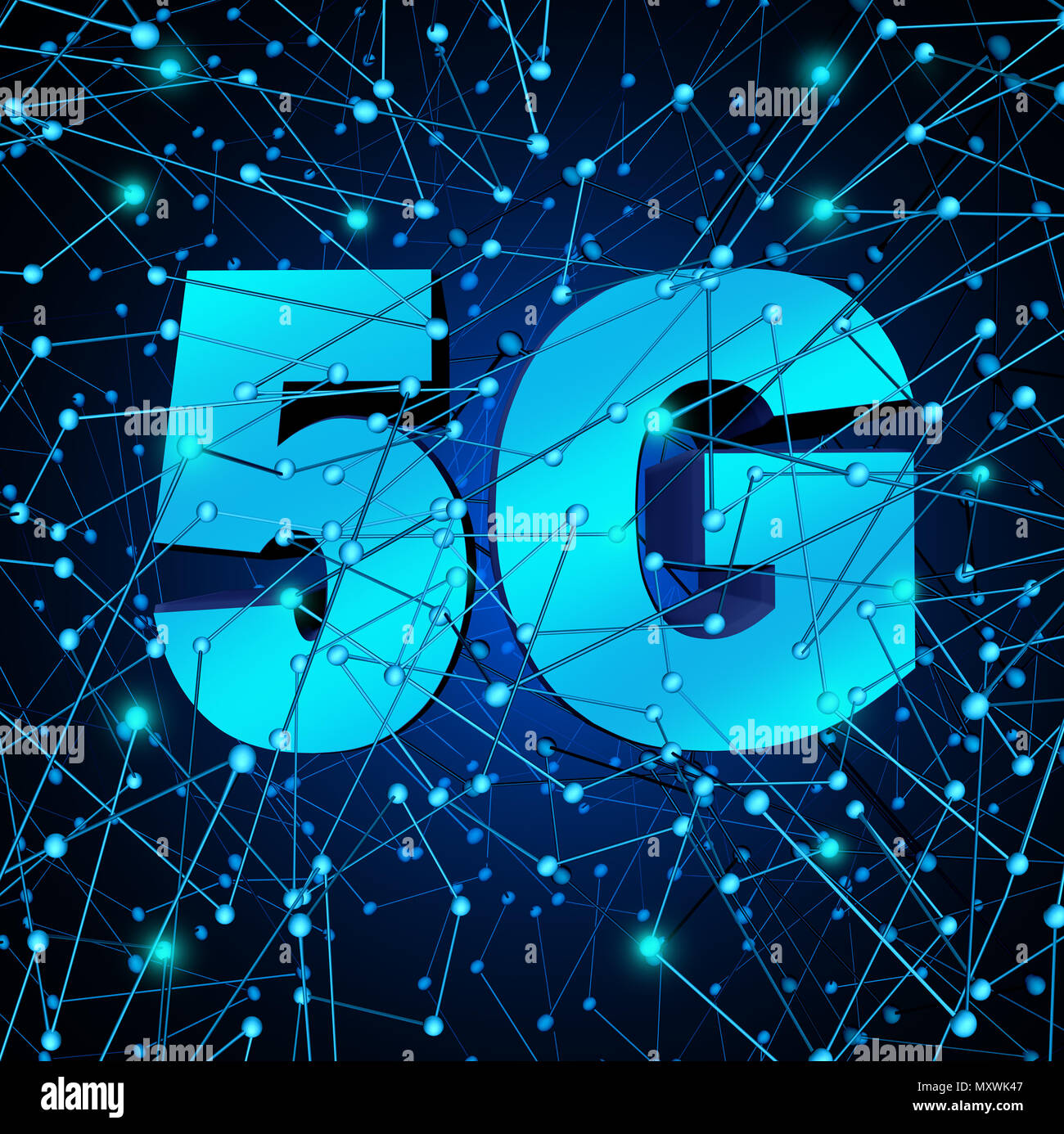 5G network wireless system as a fast telecommunication wifi cellular technology as a 3D illustration. Stock Photo