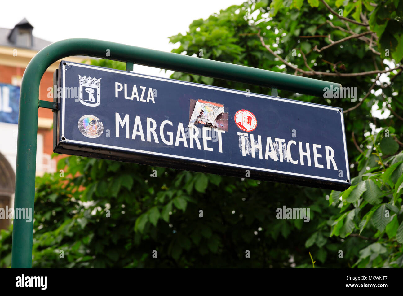 Plaza Margaret Thatcher sign post, Calle de Goya, Madrid, Spain. May 2018 Stock Photo