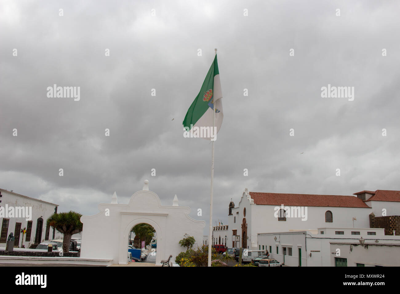 Lanzarote flag on a pole Stock Photo - Alamy
