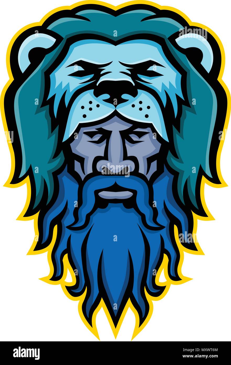 Mascot icon illustration of head of Hercules or Heracles, a Roman hero and mythology god, son of Jupiter wearing a lion skin pelt viewed from front on Stock Vector
