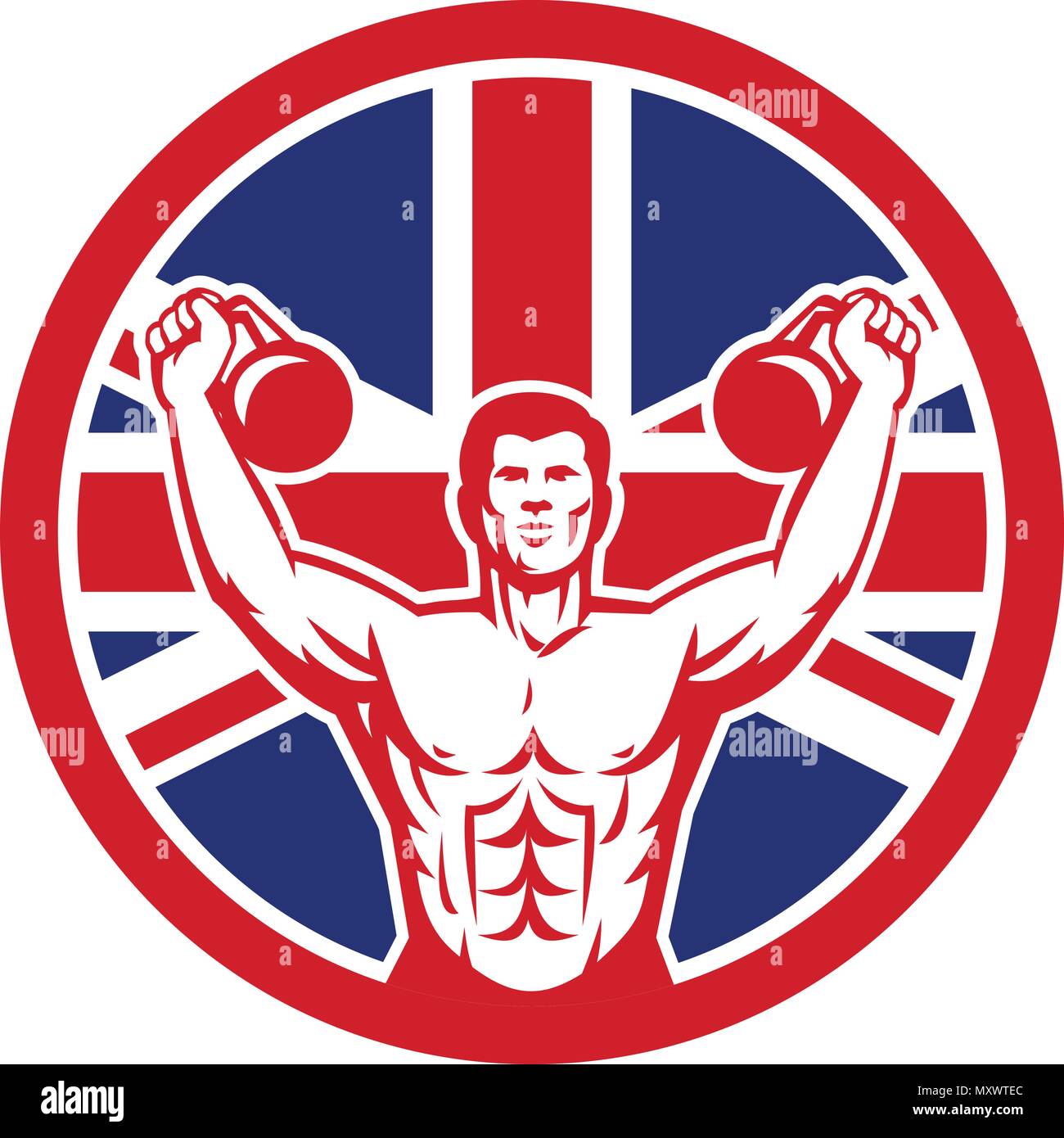 Icon retro style illustration of a British physical fitness buff training with kettlebell  and United Kingdom UK, Great Britain Union Jack flag set in Stock Vector