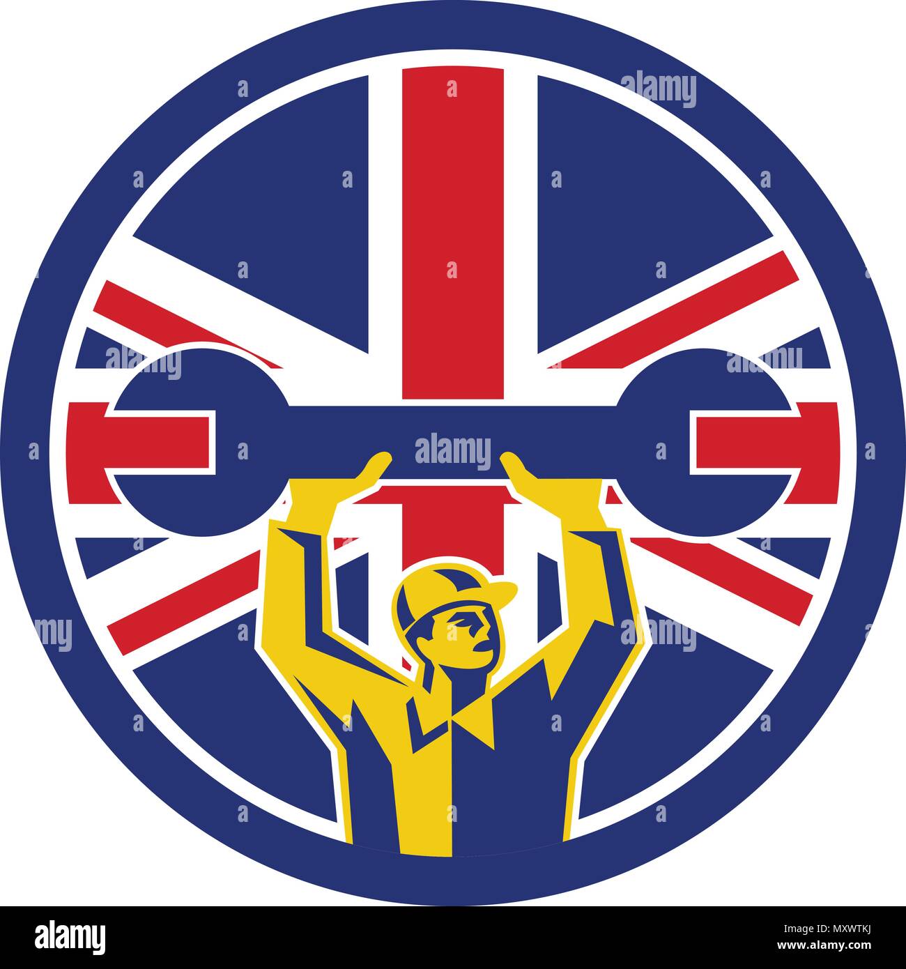 Icon retro style illustration of a British automotive mechanic lifting spanner  with United Kingdom UK, Great Britain Union Jack flag set inside circl Stock Vector