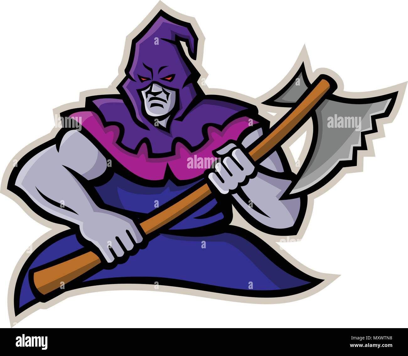 Mascot icon illustration of a hooded medieval or absolutist executioner or headsman  carrying an axe viewed from front on isolated background in retro Stock Vector