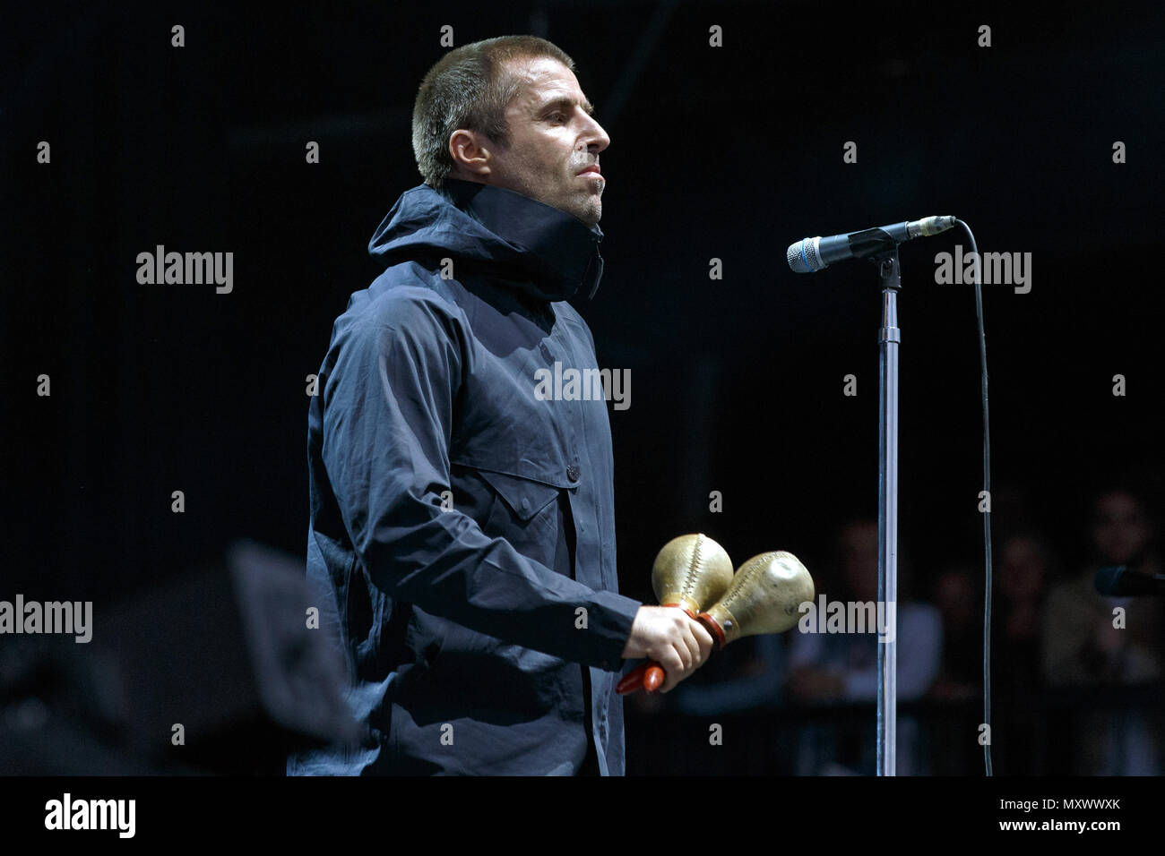 Liam Gallagher live onstage during a solo set. Liam Gallagher live, Liam Gallagher after Oasis, Liam Gallagher solo, Liam Gallagher singer. Stock Photo