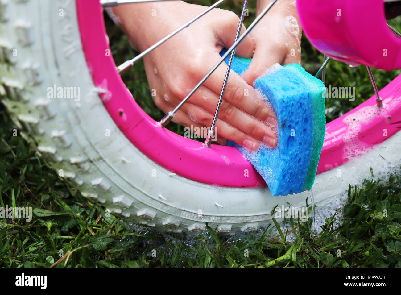 Cleaning a bike with OCedar sponge Stock Photo Alamy