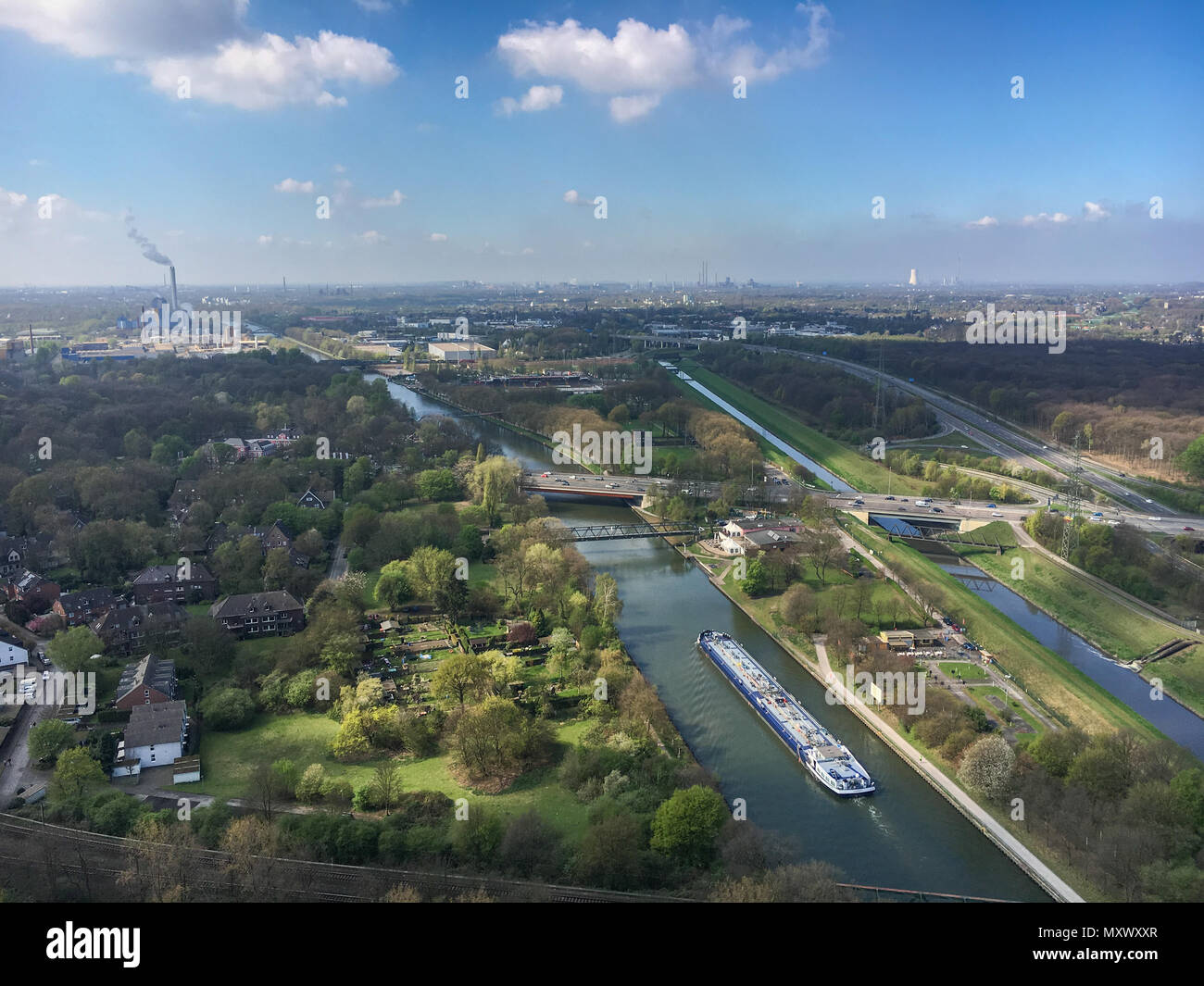 Panoramic view of the Ruhr district (Ruhrgebiet ) in Germany from the top of Gasometer in Oberhausen Stock Photo
