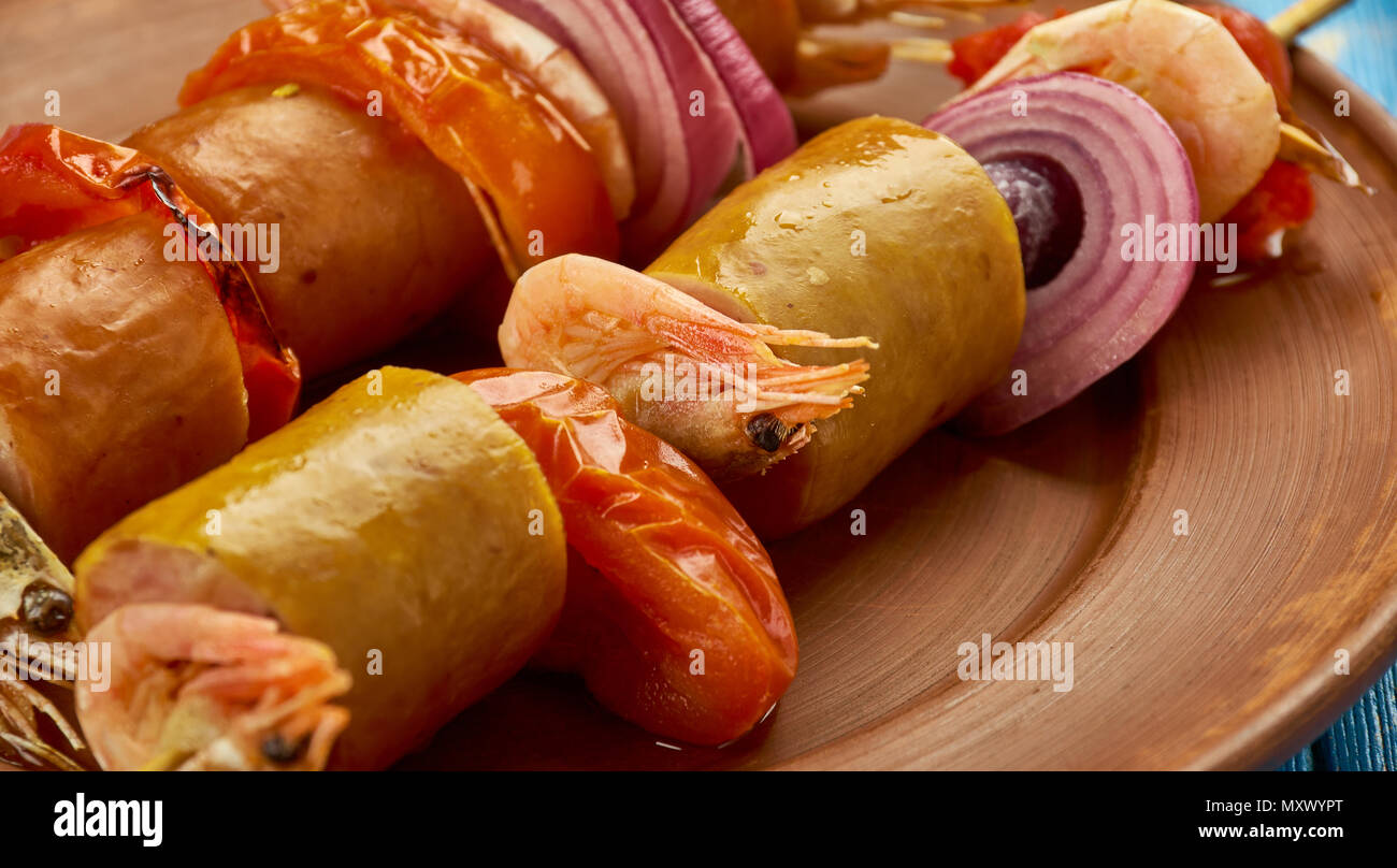 Grilled Shrimp and Andouille Sausage Kabobs close up Stock Photo Alamy
