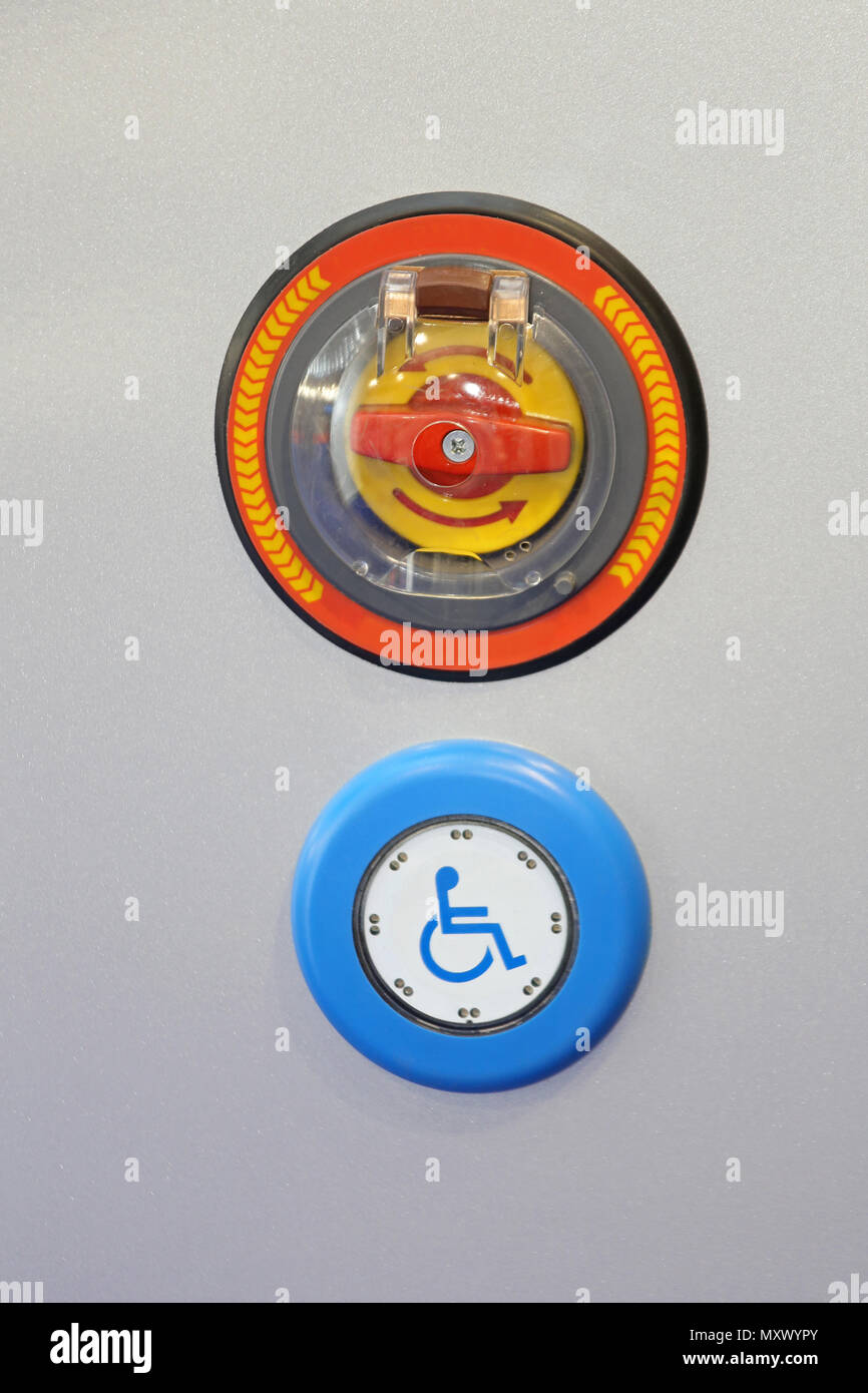 Handicap Activation Push Button With Emergency Stop Control Stock Photo