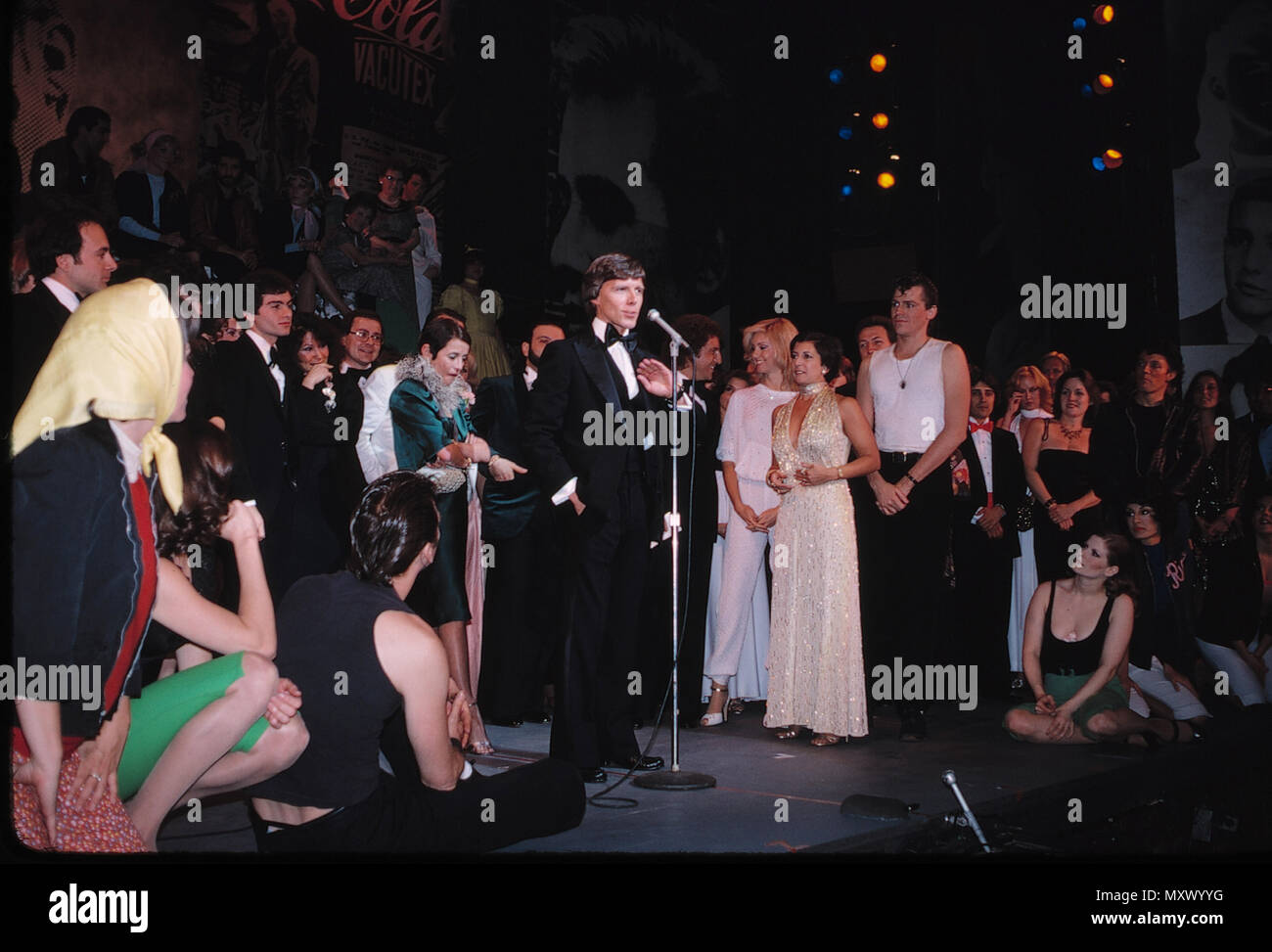 Barry Bostwick, Jeff Conaway & Candice Earley with ensemble on stage December 2, 1979 as Grease passed Fiddler on the Roof as Broadway's longest running show with its 3243rd performance at the Royale Theatre  in New York City. Credit: Walter McBride/MediaPunch Stock Photo