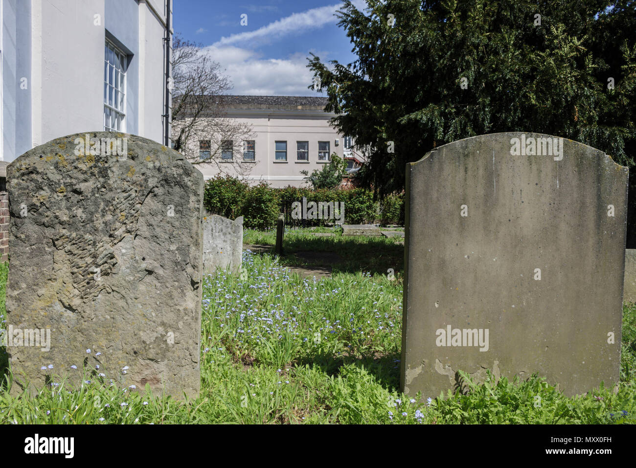 Street scene in a regency town in the UK. Image showing buildings, walls, shops, plants. Urban image. Stock Photo