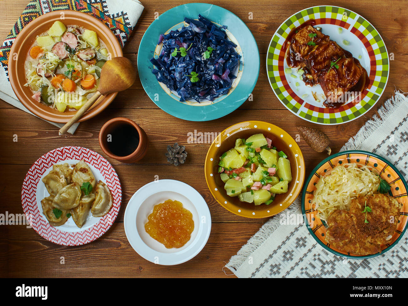 German cuisine , Traditional assorted dishes, Top view. Stock Photo