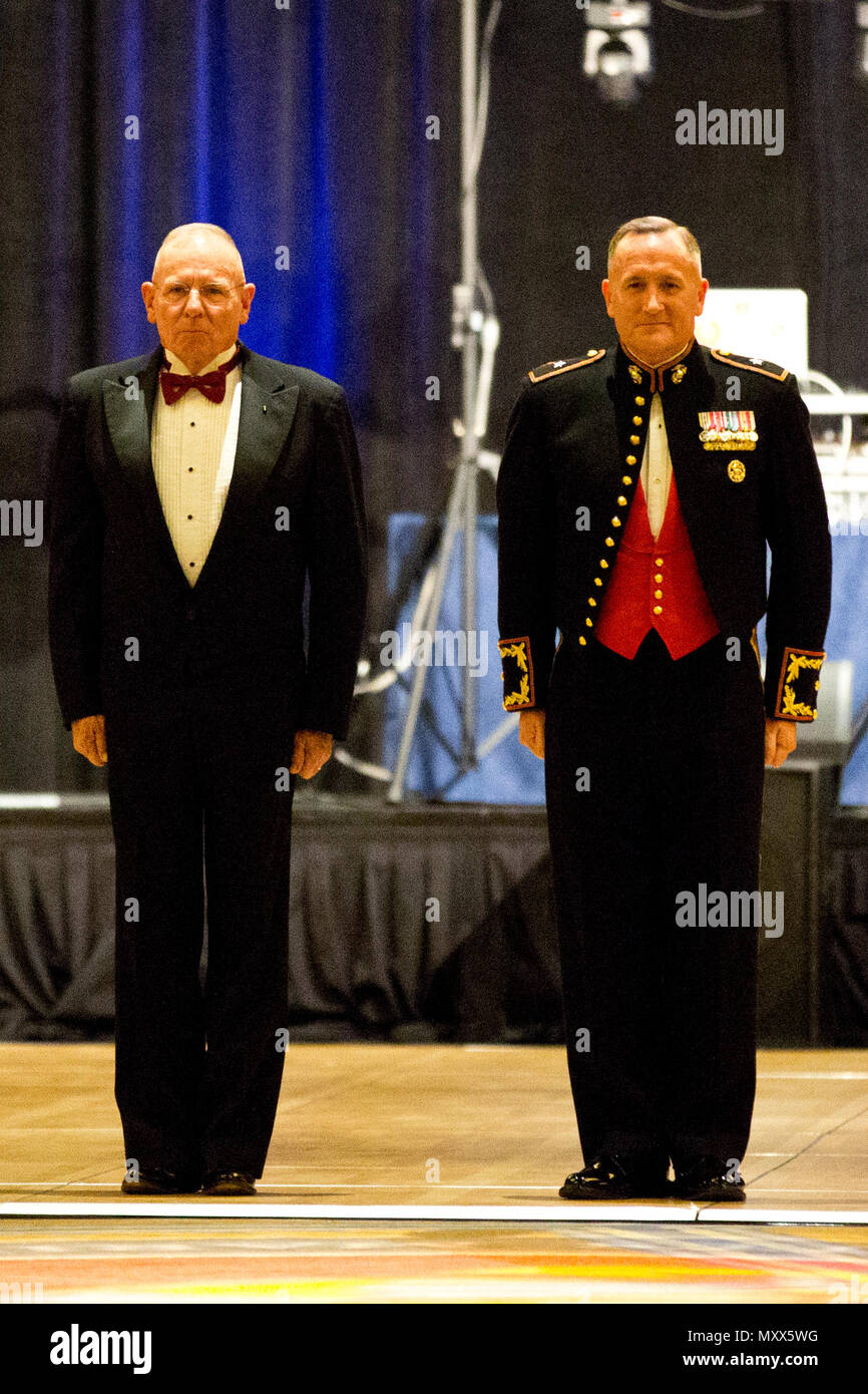 Retired U.S. Marine Corps Sgt. Maj. Harold G. Overstreet, left, and Brig. Gen. William M. Jurney, commanding general of Marine Corps Recruit Depot San Diego and the Western Recruiting Region, stand at attention during a ceremony at the Hilton San Diego Bayfront hotel, San Diego, Calif., Nov. 12, 2016. Overstreet was selected as the guest of honor for a 241st Marine Corps birthday celebration hosted by Marine Corps Recruit Depot San Diego. (U.S. Marine Corps photo by Lance Cpl. Robert G. Gavaldon) Stock Photo