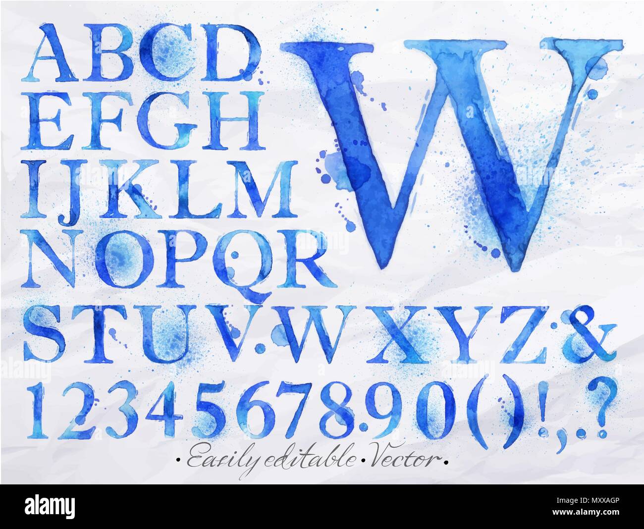 Alphabet set drawn watercolor blots and stains with a spray blue color. Easily editable. Vector Stock Vector