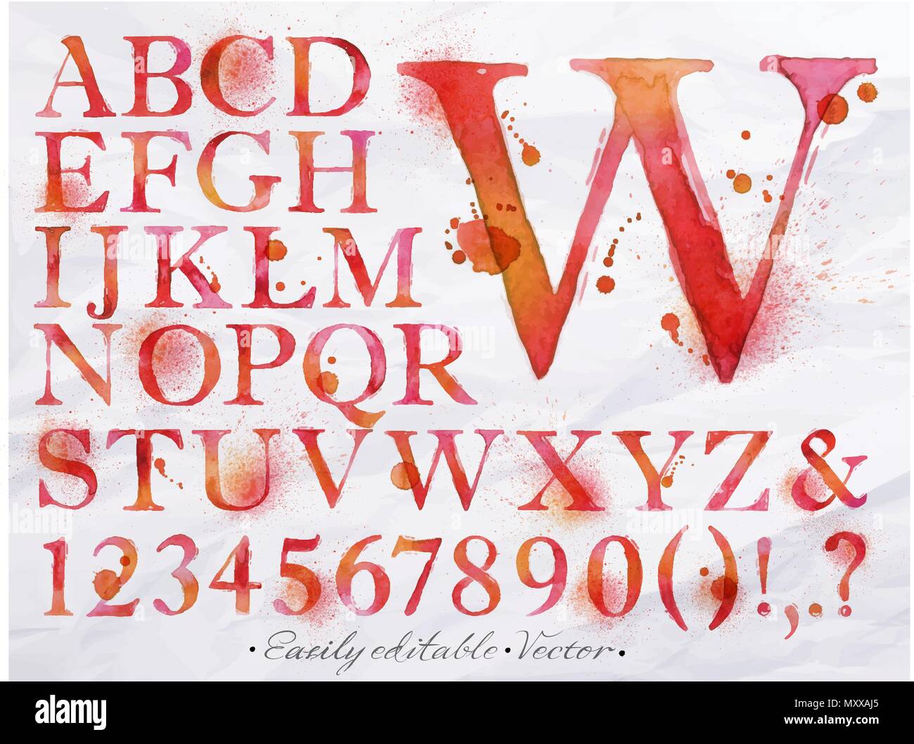 Alphabet set drawn watercolor blots and stains with a spray red color. Easily editable. Vector Stock Vector