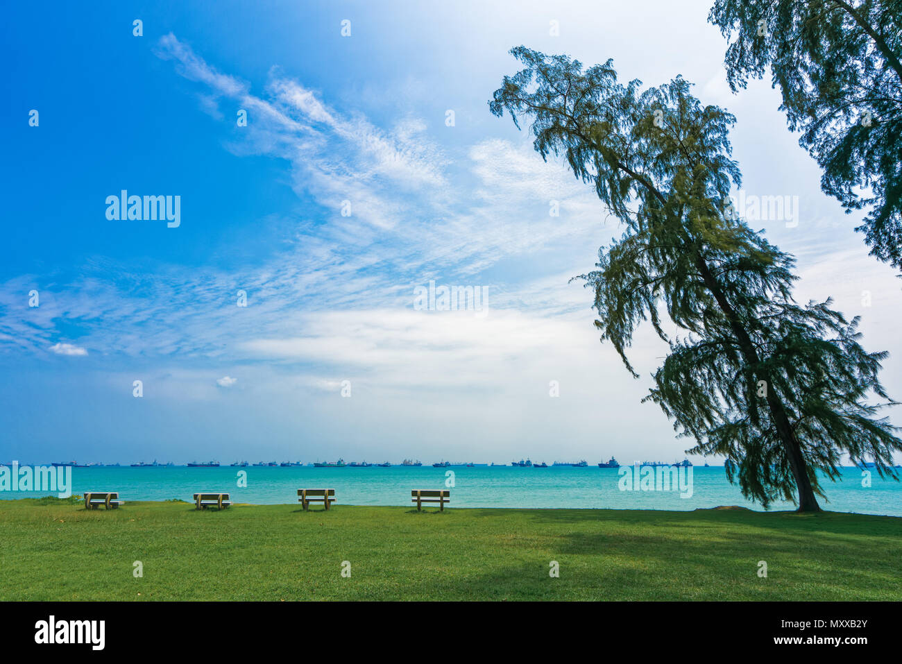 East Coast Park in Singapore, view of the Singapore Strait Stock Photo