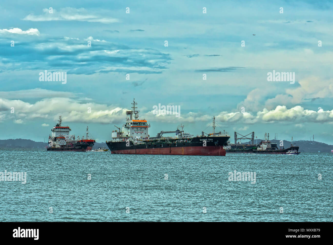Ship in waiting in Singapore Strait Stock Photo
