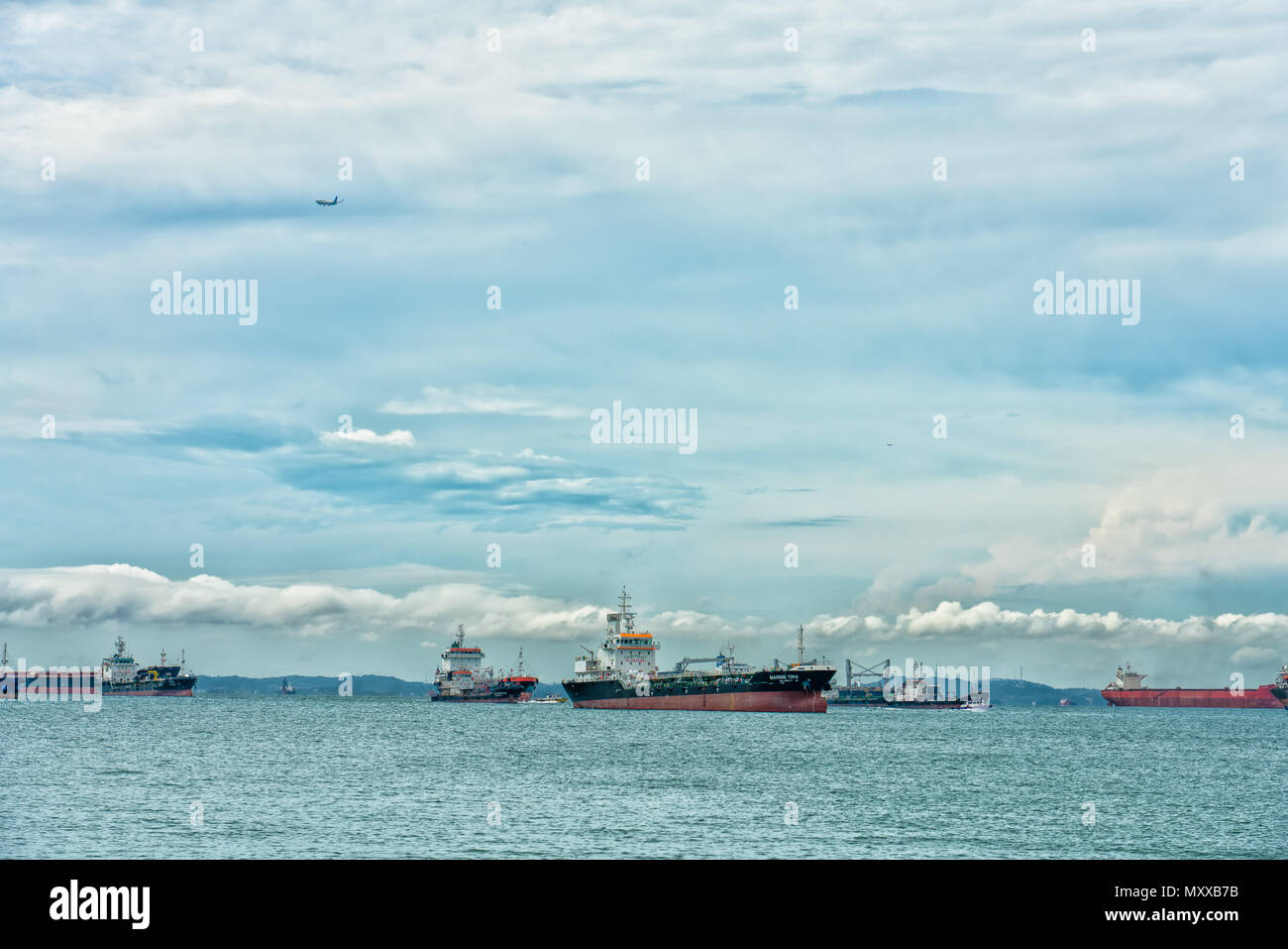 Ships waiting in Singapore Strait Stock Photo