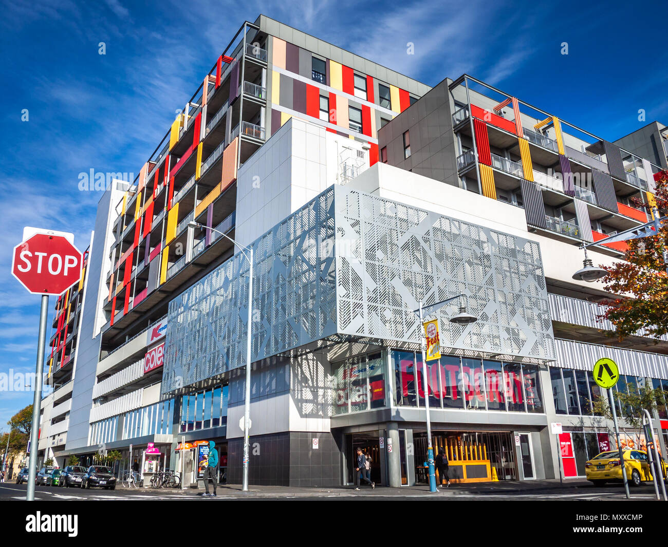 Modern building of Footscray plaza.The building comprising residential apartments, retail stores and multilevel car parking. Melbourne, VIC Australia Stock Photo