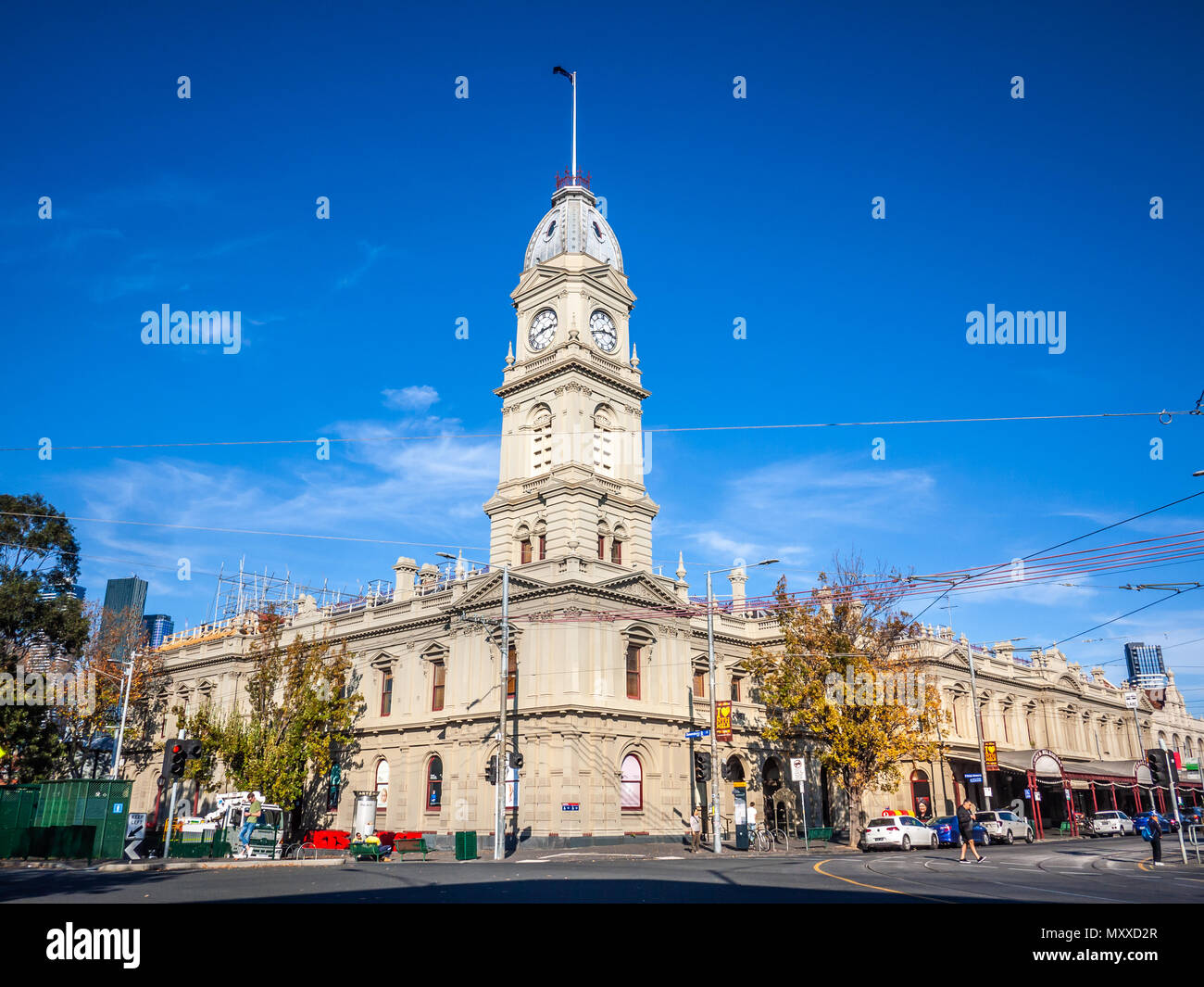 Historic building of the North Melbourne Town Hall on suburban street. It is currently used as an Arts House.VIC Australia. Stock Photo