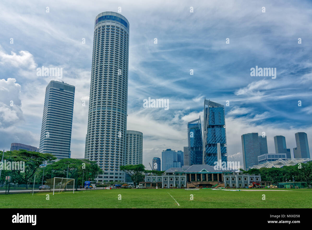 View of Downtown Singapore with Swiss Hotel The Stamford from Padang Stock Photo
