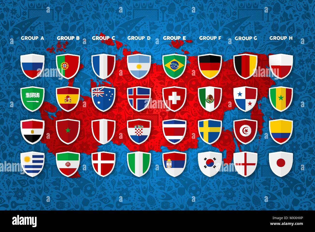 Soccer event team list template. Special sport group schedule with qualified countries and their flags on russian map background. EPS10 vector. Stock Vector