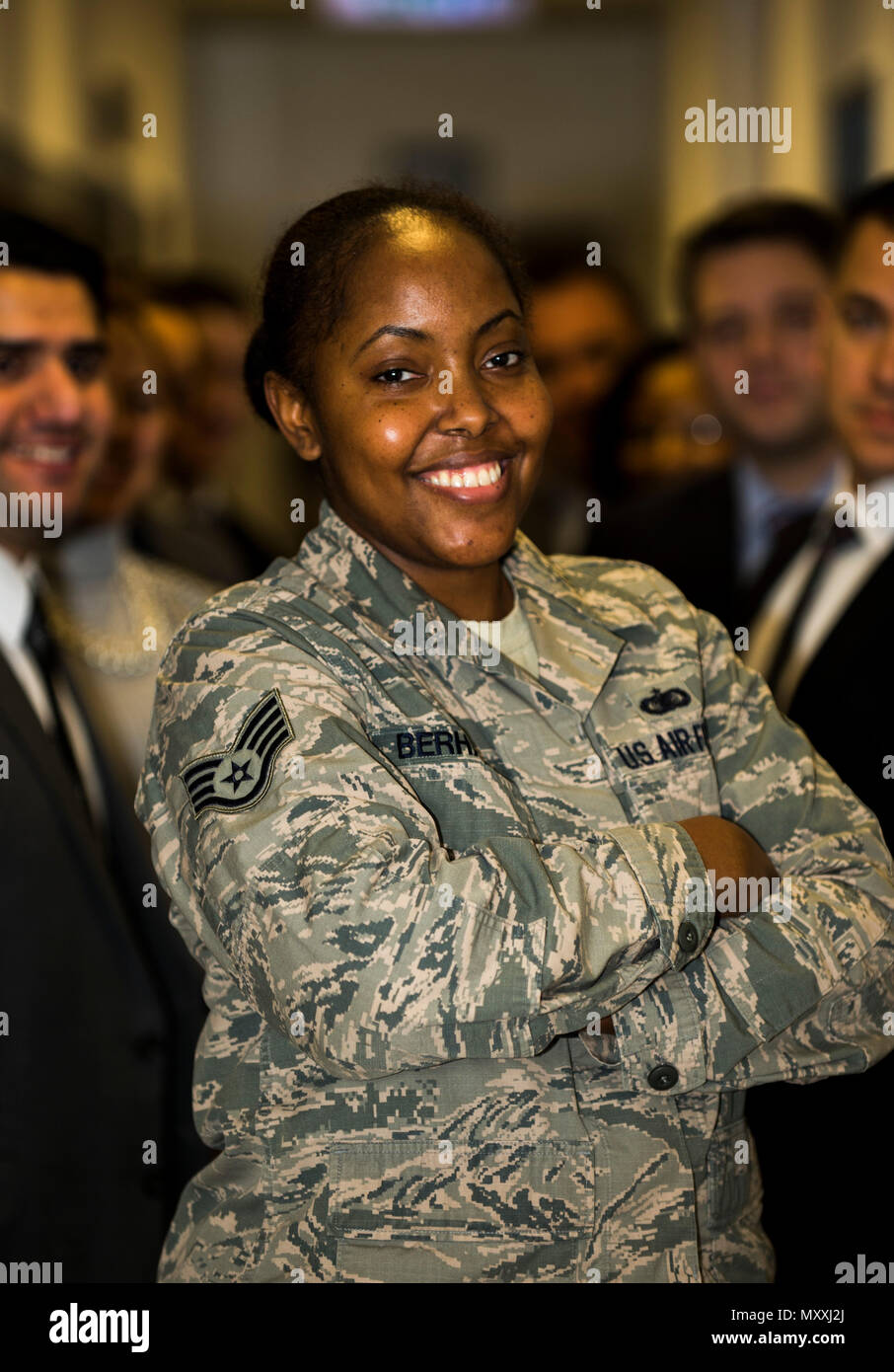 U.S. Air Force Staff Sgt. Demetria Berhanu, Air Force Office of Special  Investigations NCO in charge of administration, poses at Spangdahlem Air  Base, Germany, August 30, 2016. Berhanu was recognized as Spangdahlem's