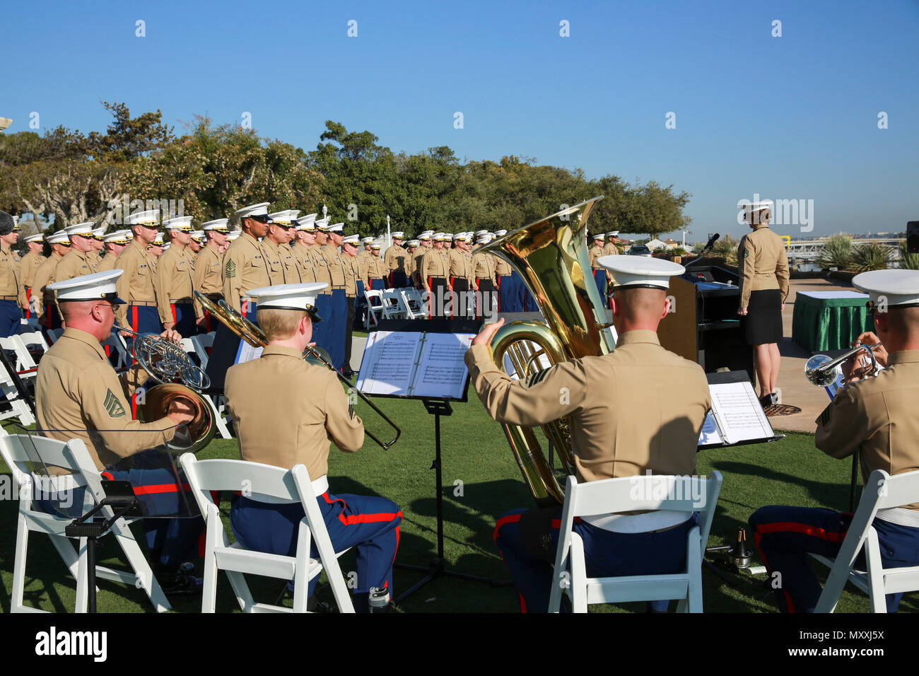 Marine Band San Diego’s brass quintet plays Anchors Aweigh and the