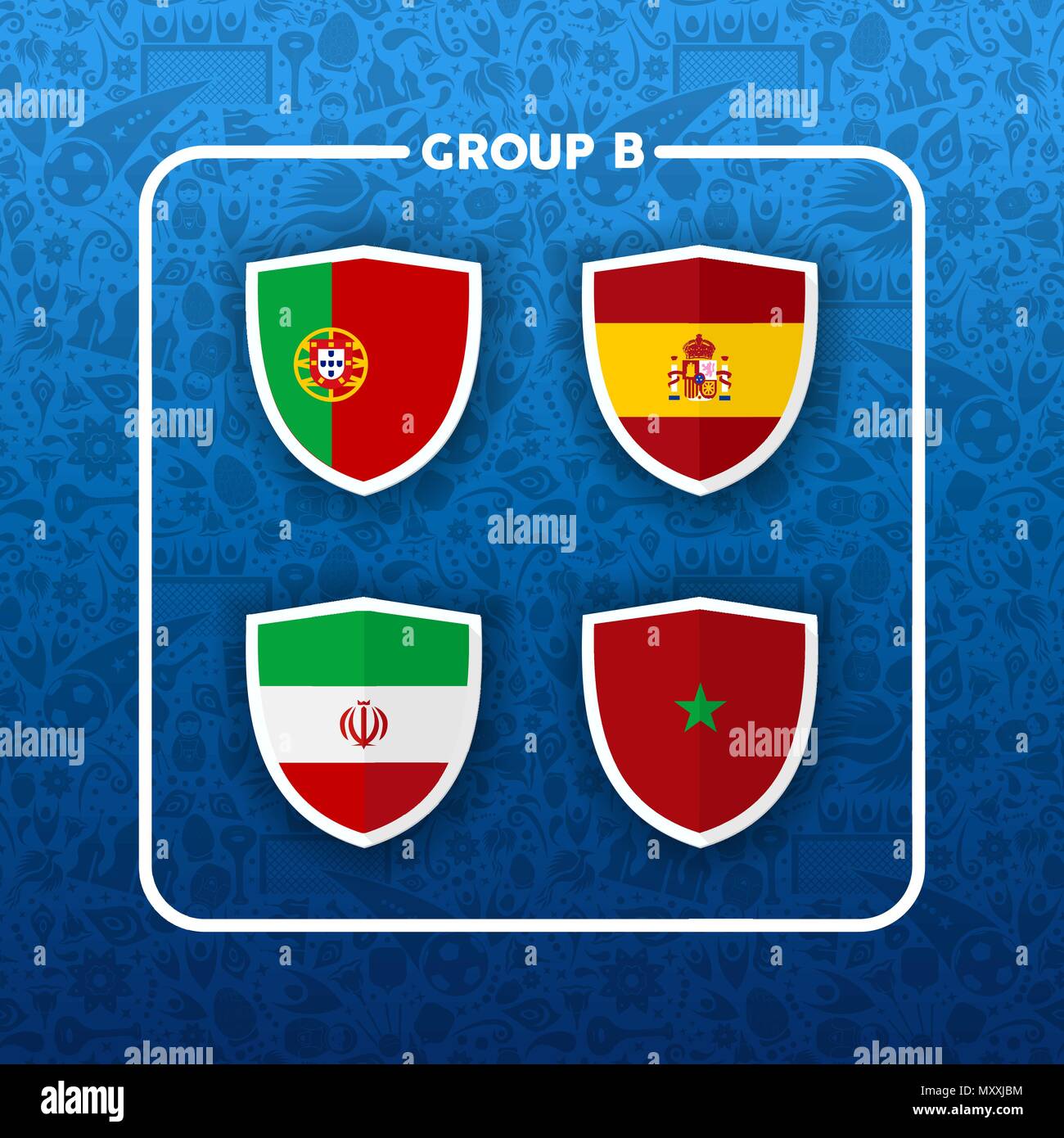 Soccer championship event schedule for 2018. Group B country team list of football match games. Includes Portugal, Iran, Spain and Morocco. EPS10 vect Stock Vector