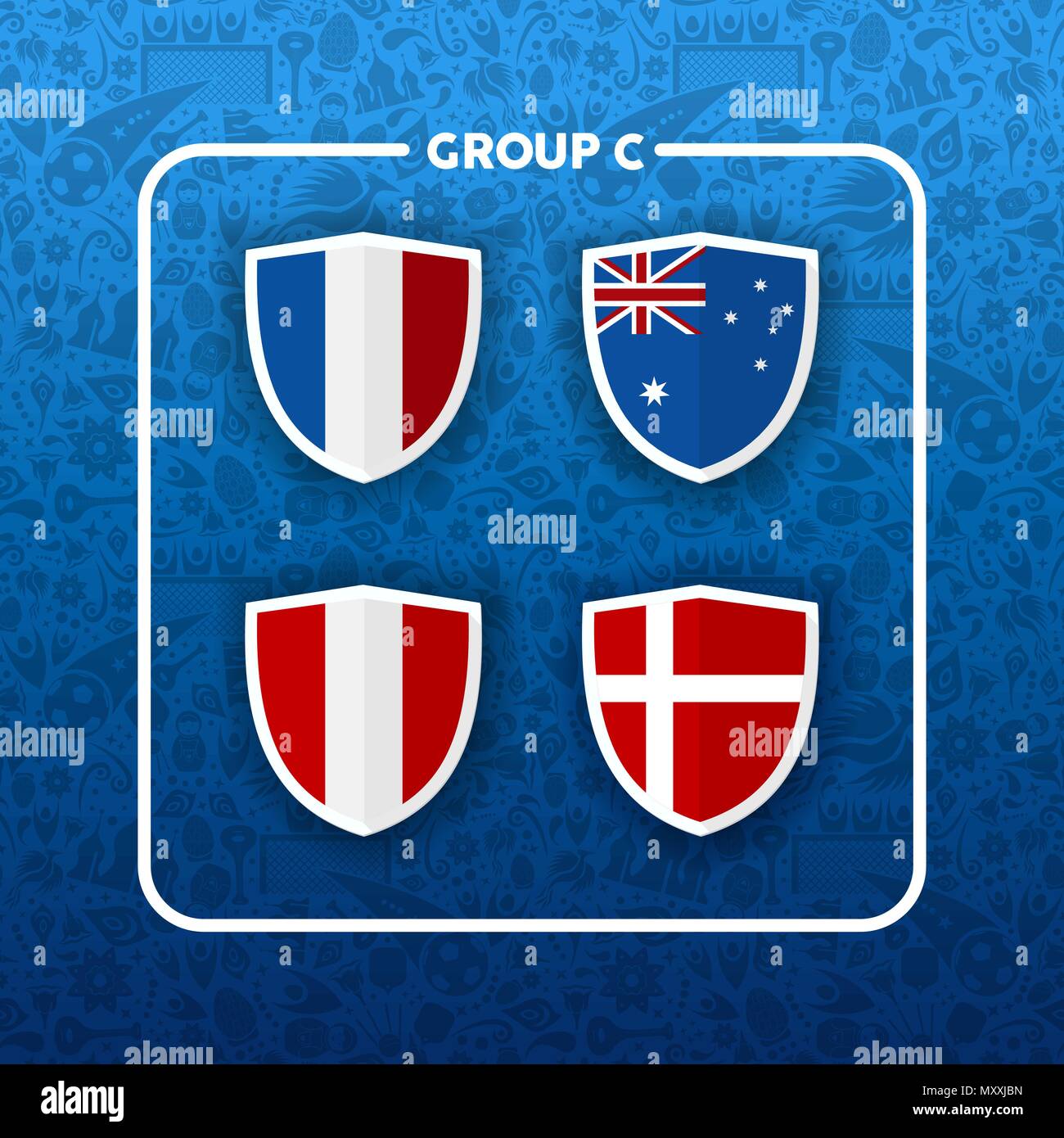 Soccer championship event schedule for 2018. Group C country team list of football match games. Includes France, Australia, Peru and Denmark. EPS10 ve Stock Vector