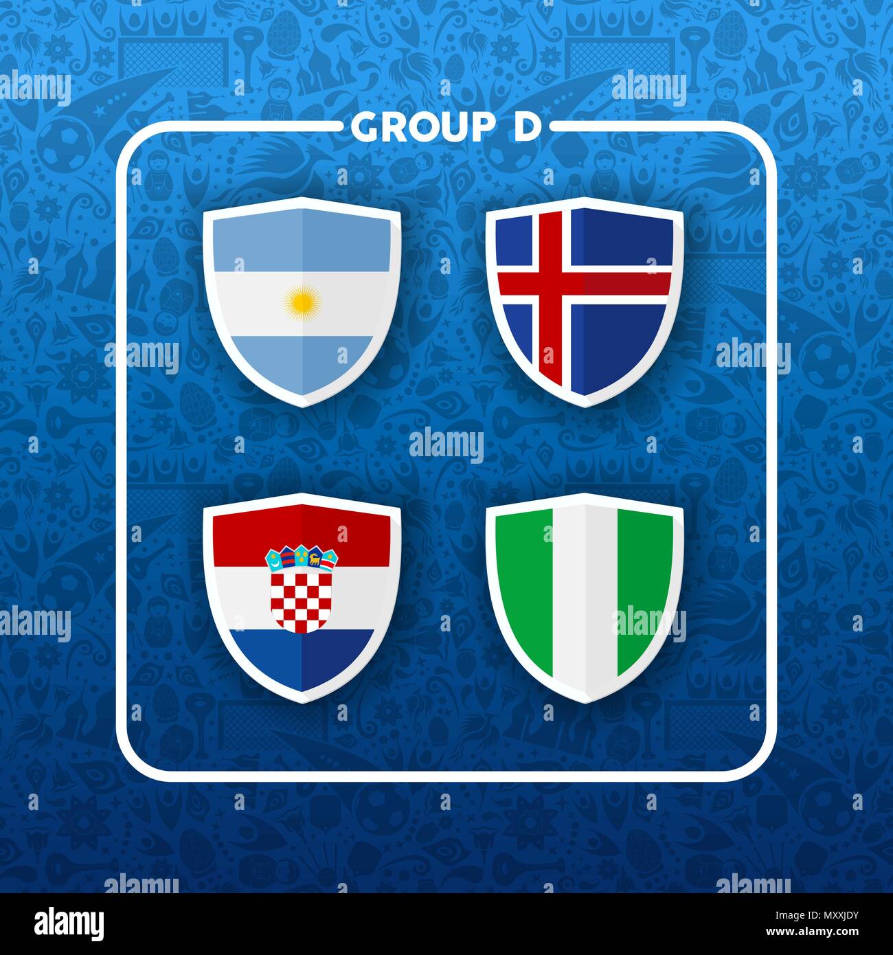 Soccer championship event schedule for 2018. Group D country team list of football match games. Includes Argentina, Iceland, Croatia and Nigeria. EPS1 Stock Vector
