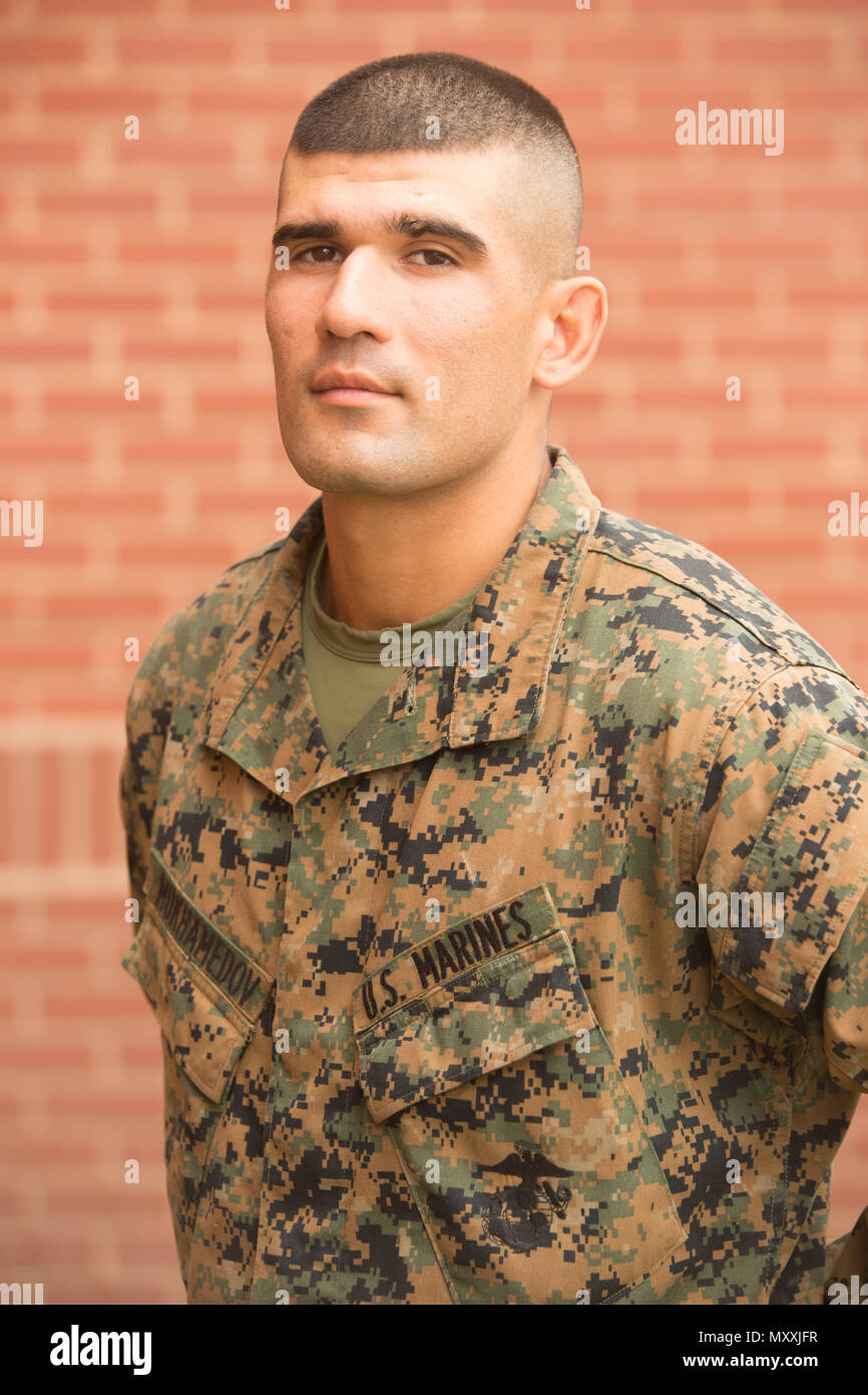 Pvt. Saidshakhrom F. Mukhamedov, Platoon 3101, India Company, 3rd Recruit Training Battalion, earned U.S. citizenship Dec. 8, 2016, on Parris Island, S.C. Before earning citizenship, applicants must demonstrate knowledge of the English language and American government, show good moral character and take the Oath of Allegiance to the U.S. Constitution. Mukhamedov, from Queens, N.Y., originally from Uzbekistan, is scheduled to graduate Dec. 9, 2016. (Photo by Lance Cpl. Maximilliano Bavastro) Stock Photo