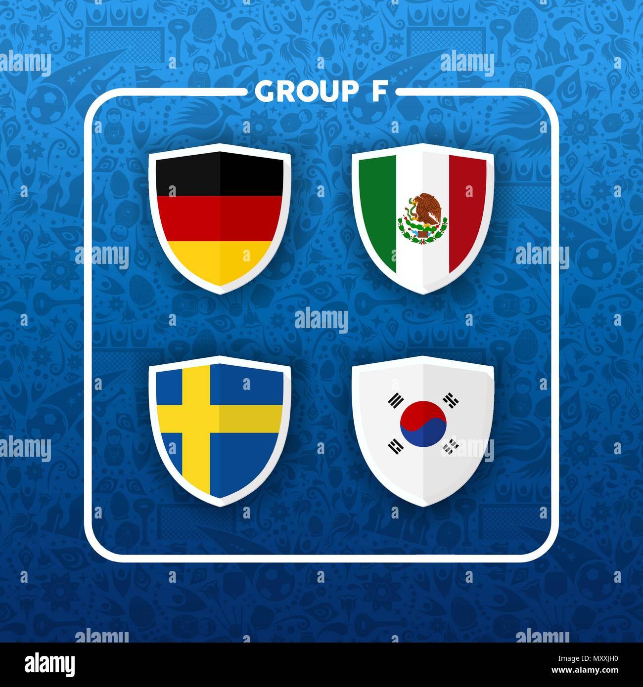 Soccer championship event schedule for 2018. Group F country team list of football match games. Includes Germany, Korea, Mexico and Sweden. EPS10 vect Stock Vector