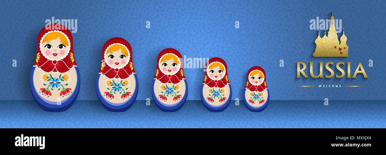 Small russian nesting doll web banner for russia special event. Traditional matrioska woman souvenir with floral dress on blue color background. EPS10 Stock Vector