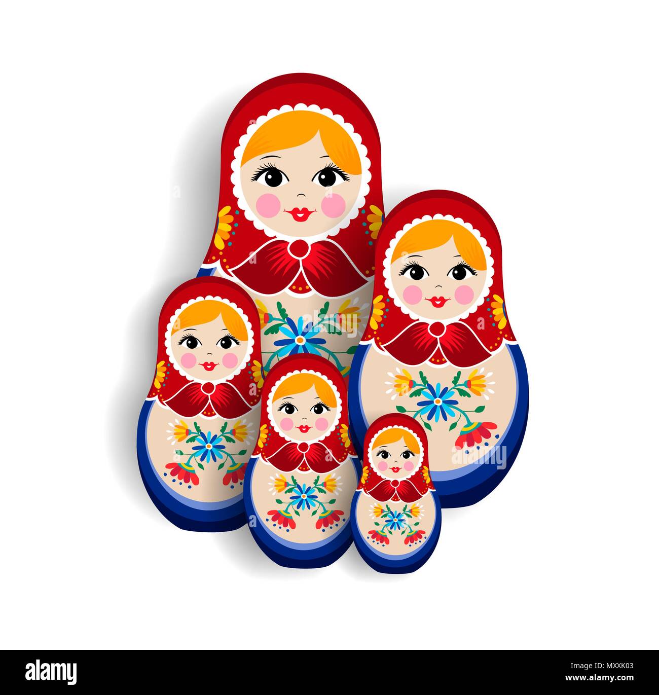 Set of traditional russian doll ornaments isolated on white background. Nesting matrioska girl, souvenir from Russia in hand drawn floral dress. EPS10 Stock Vector