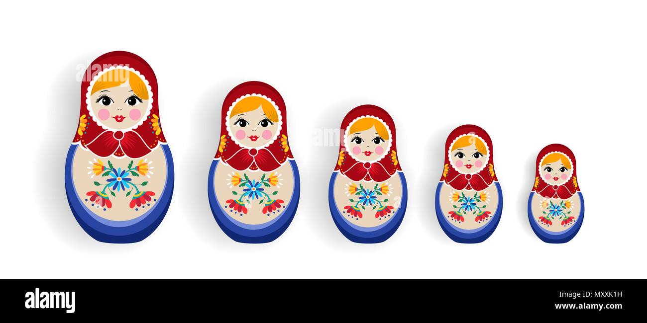 Set of russian doll toys isolated on white background. Nesting matrioska girl family, souvenir from Russia in hand drawn floral dress. EPS10 vector. Stock Vector