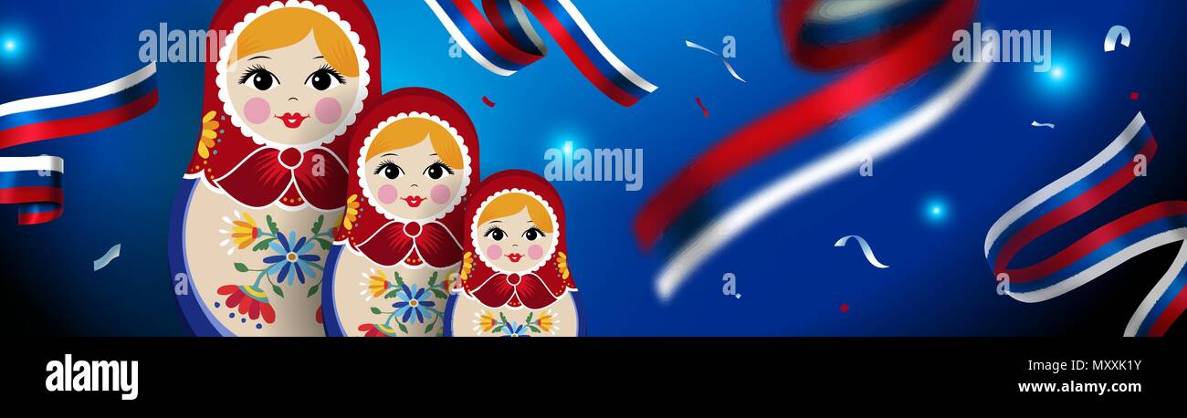 Small russian nesting doll web banner for russia sport event. Traditional matrioska woman souvenir with floral dress on celebration background. EPS10  Stock Vector