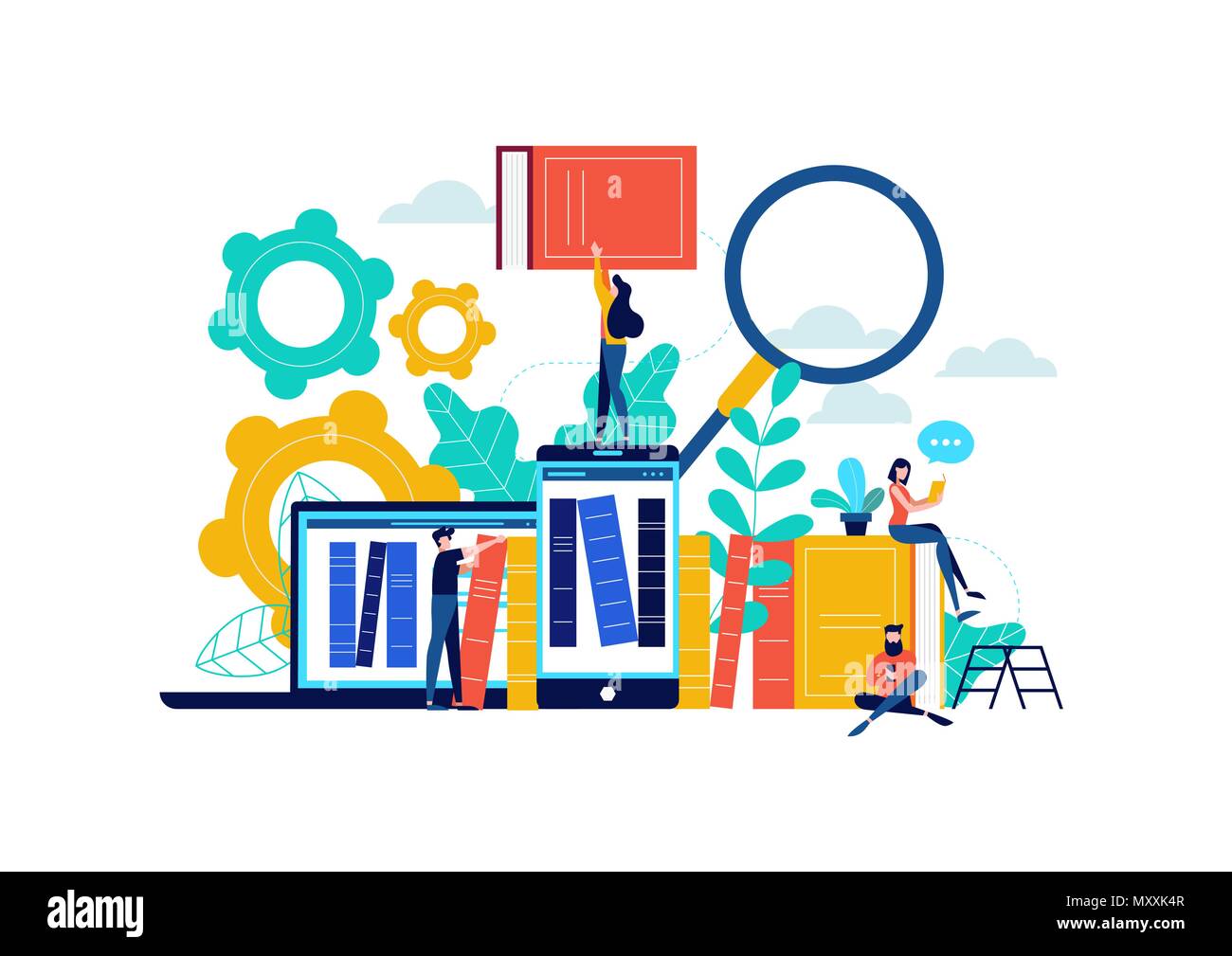 Virtual book library illustration, people studying for college exam preparation, distance learning phone app or e-library concept. EPS10 vector. Stock Vector