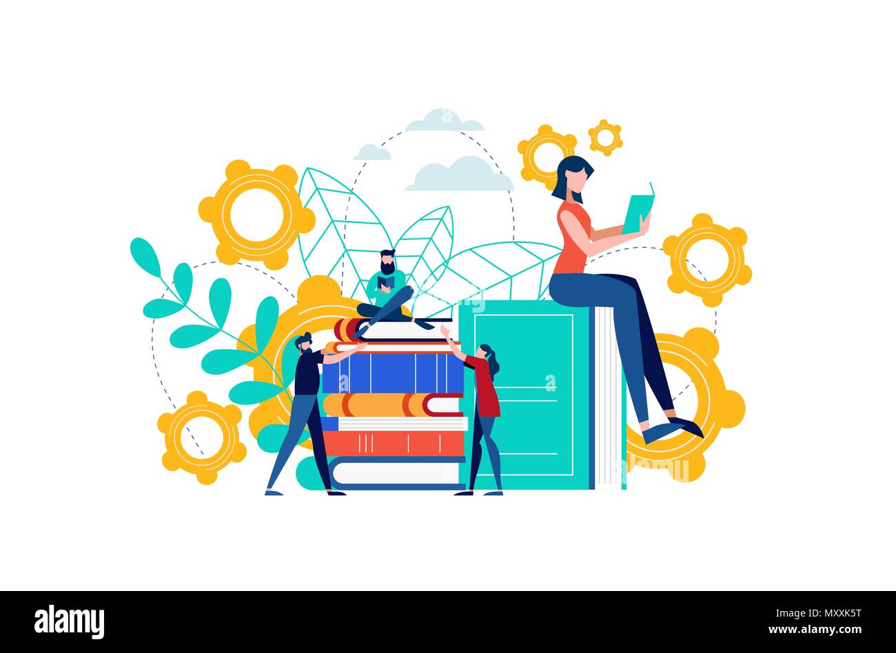 Book reading illustration, people studying for college exam preparation, distance learning or study group concept. EPS10 vector. Stock Vector