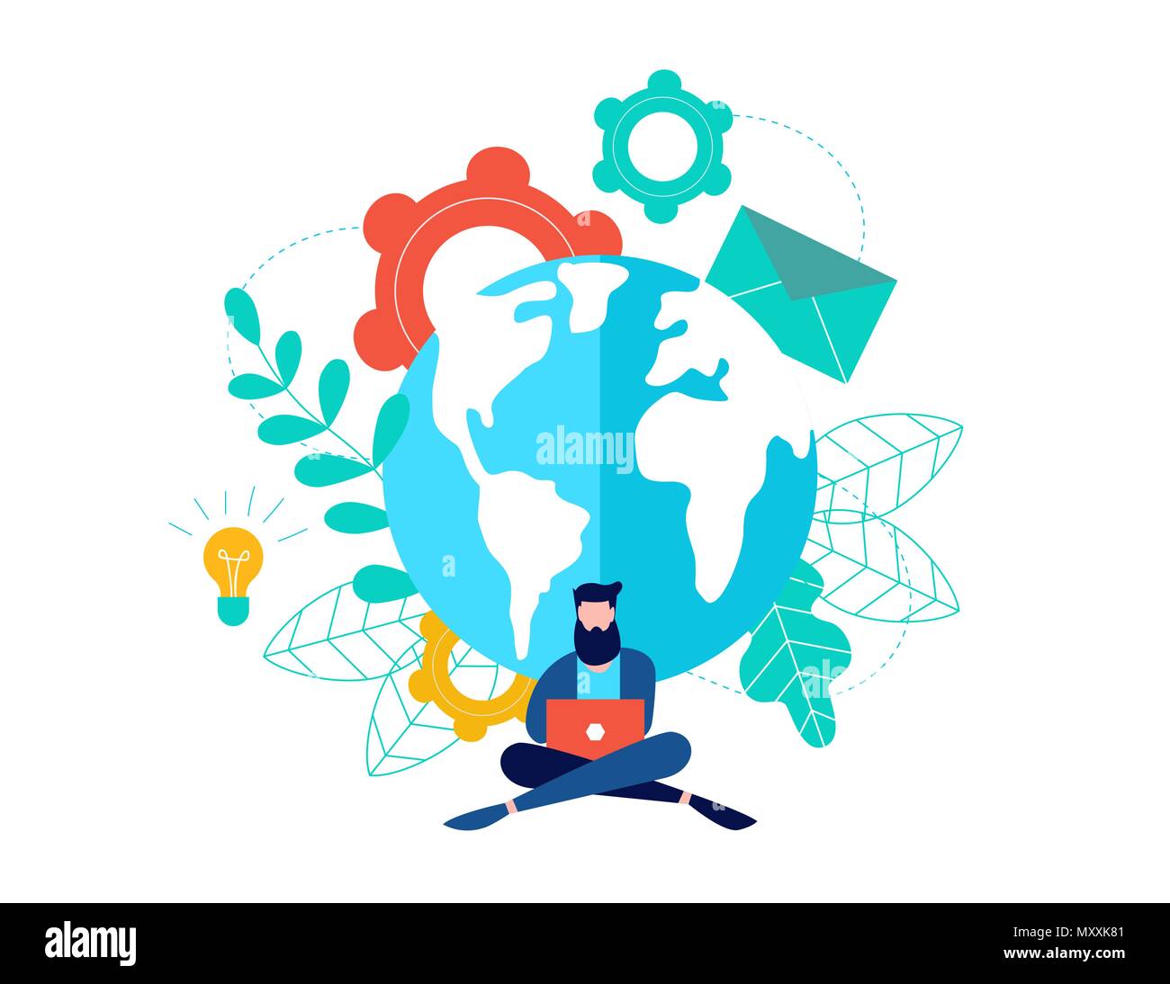 Work from home conceptual illustration, man using laptop for freelance web project online. Worldwide business network or distance learning concept. EP Stock Vector