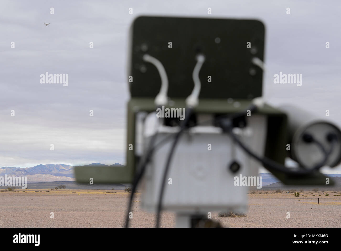 A radar jammer from team Joint Base San AntonioLackland, Texas., tracks a Phantom 4 drone for
