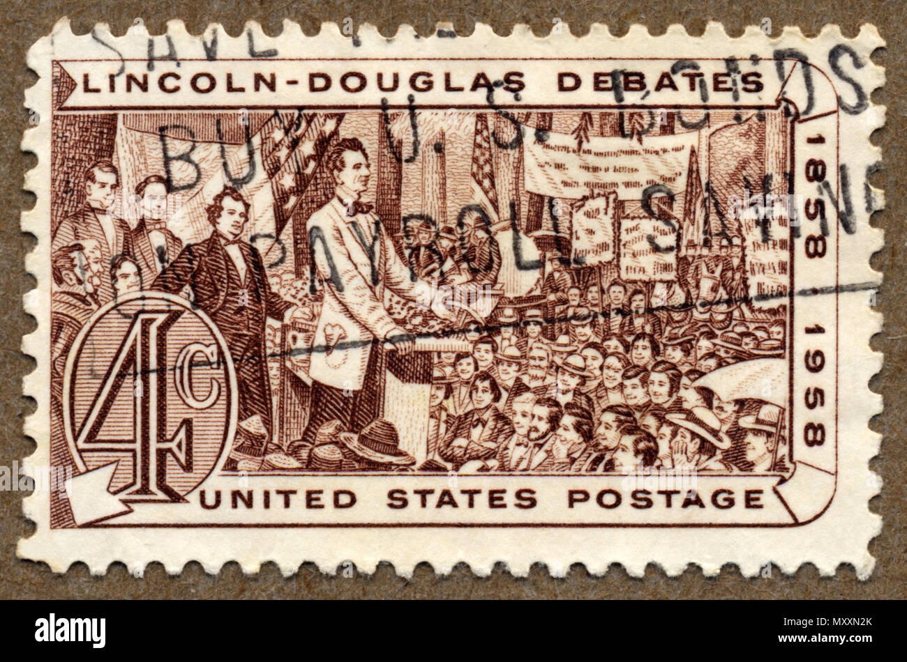 Lincoln-Douglas Debate Centenary Showing Audience Reaction Postage Stamp Stock Photo