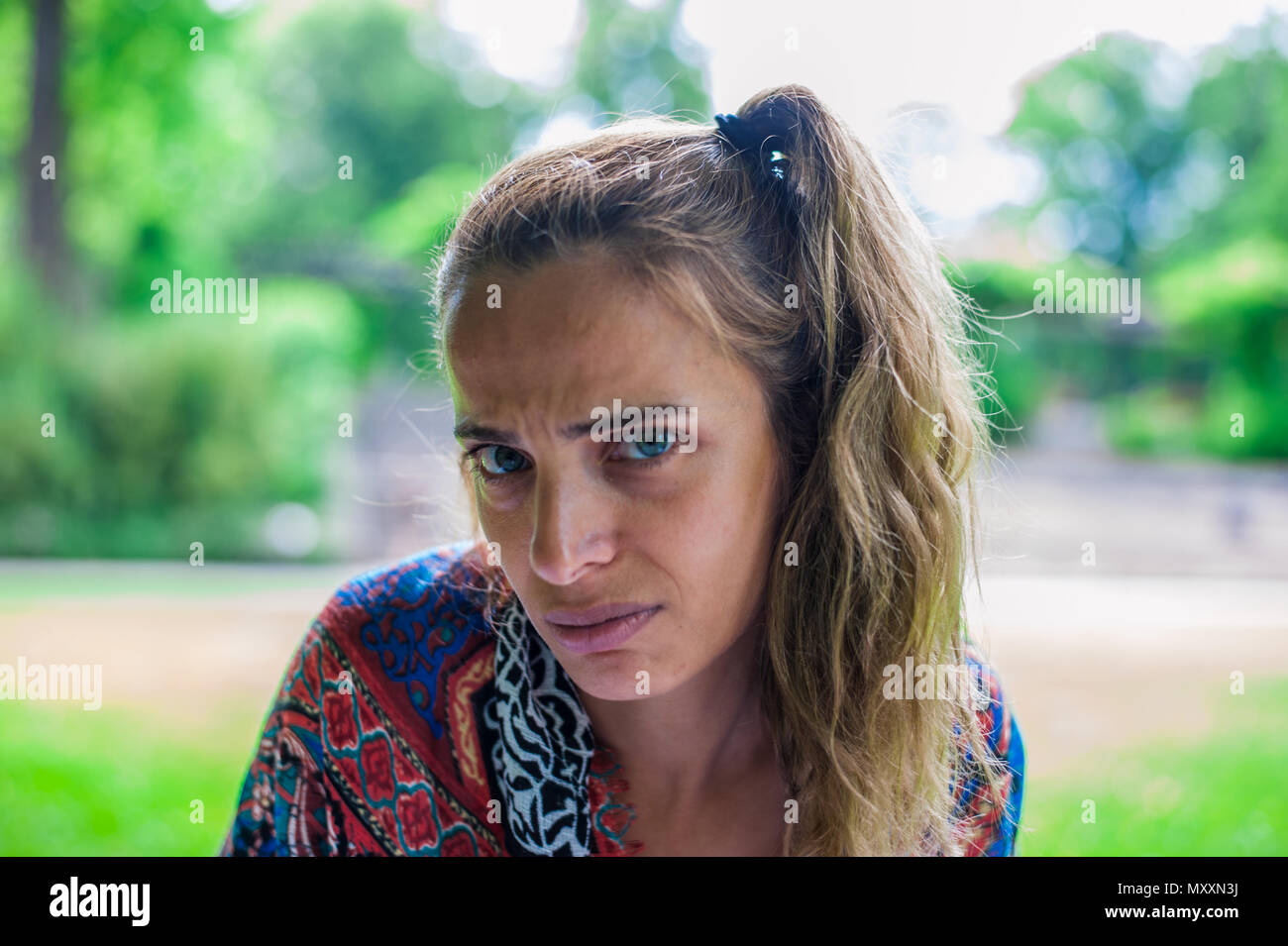 Beautiful woman portrait with a sad face, Luxembourg Stock Photo