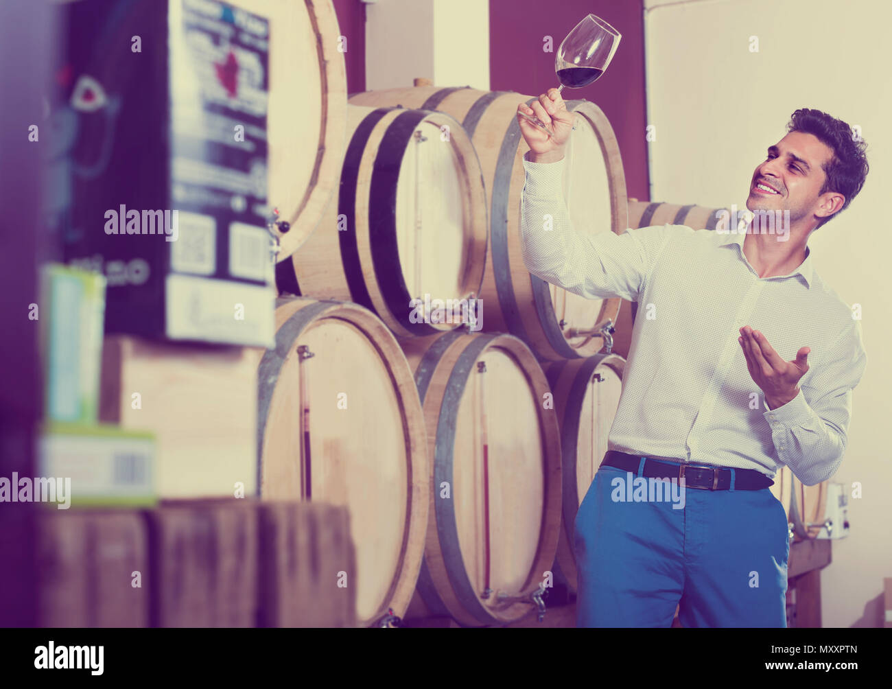 positive adult man having bordeaux wine tasting in cellar with woods ...