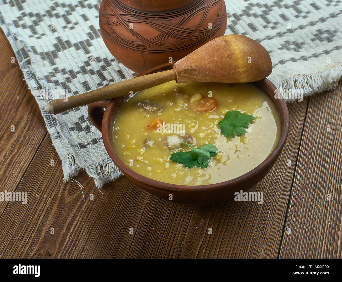 German Split Pea Soup, ham hock, beef broth, split peas, and carrots