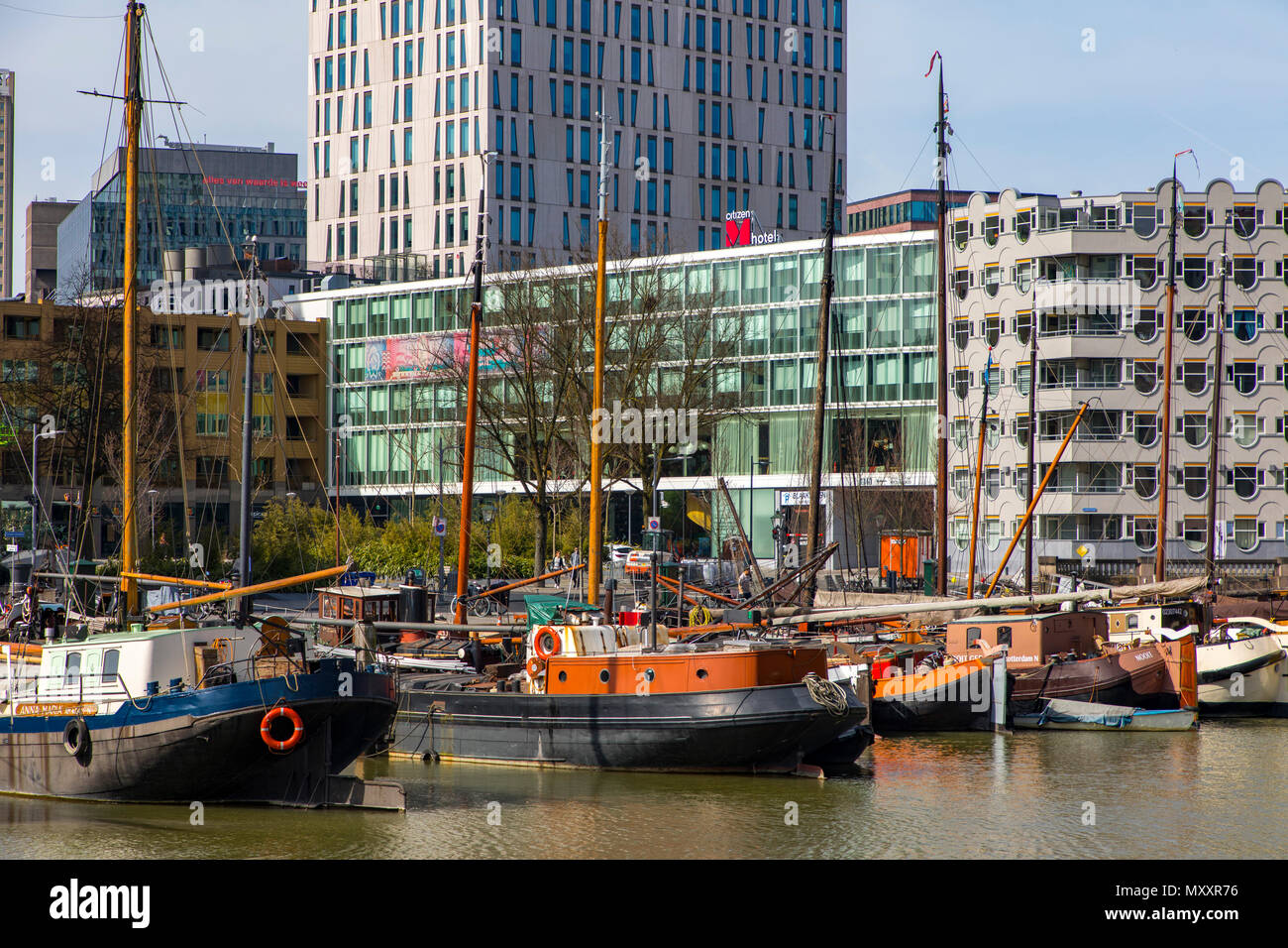 Downtown Rotterdam, Oude Haven, historic harbor, historic ships, Witte Huis, modern office buildings, skyscrapers, Netherlands, Stock Photo