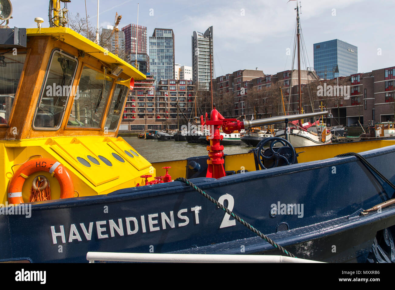 Downtown Rotterdam, Leuvehaven, historic harbor, historic ships, docks, Maritime Museum, Netherlands, Stock Photo