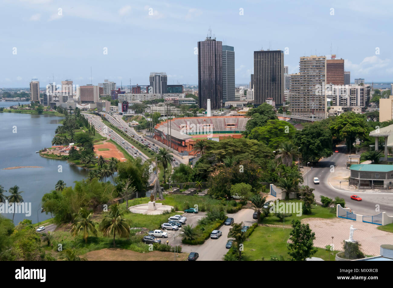 ABIDJAN, IVORY COAST, AFRICA. April 2013. The view of Plateau district in Abidjan, with the 'le Felicia' stadium. Stock Photo